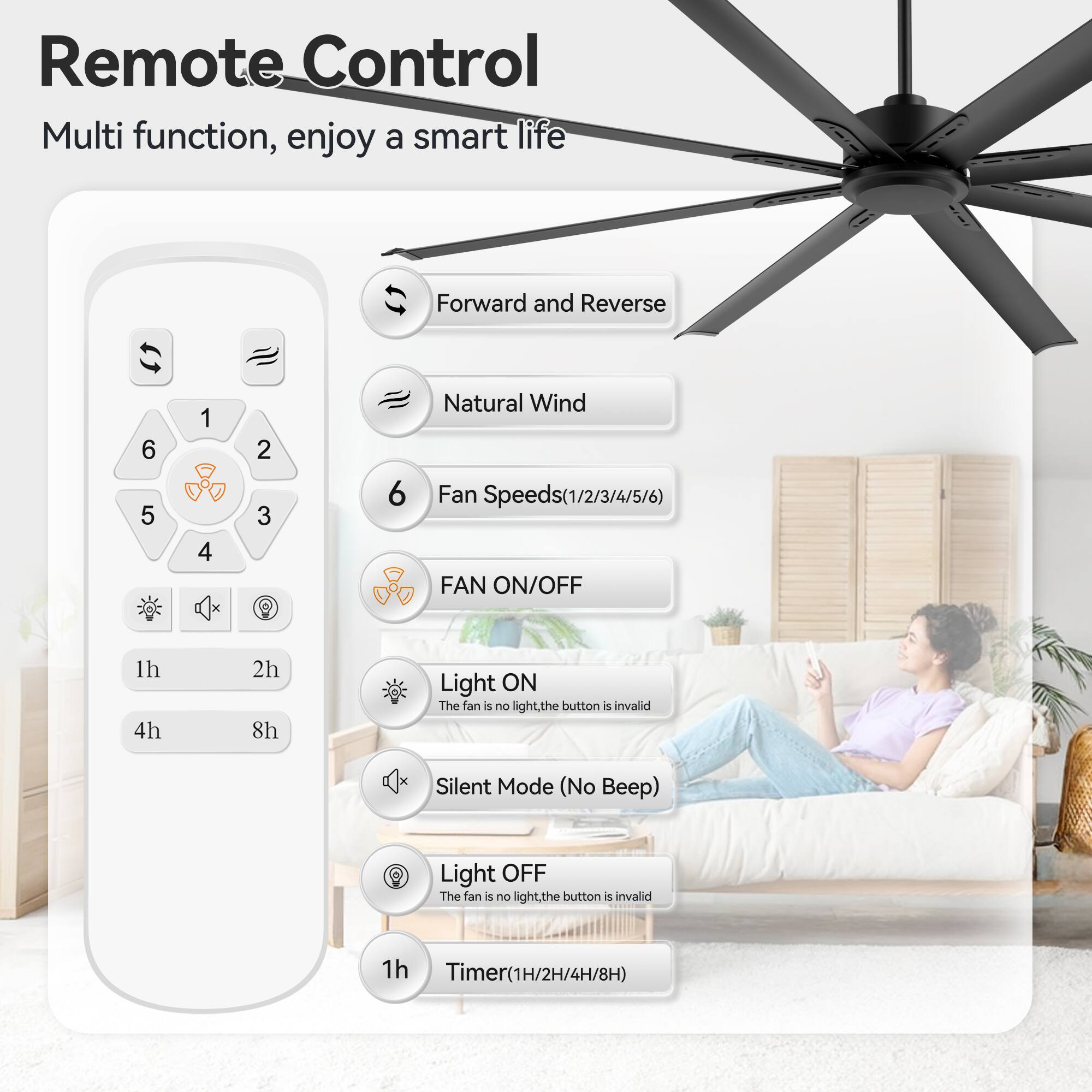 Remote Control  
Multi function, enjoy a smart life  

- Forward and Reverse  
- Natural Wind  
- Fan Speeds (1/2/3/4/5/6)  
- FAN ON/OFF  
- Light ON  
  - The fan is no light, the button is invalid  
- Silent Mode (No Beep)  
- Light OFF  
  - The fan is no light, the button is invalid  
- Timer (1H/2H/4H/8H)