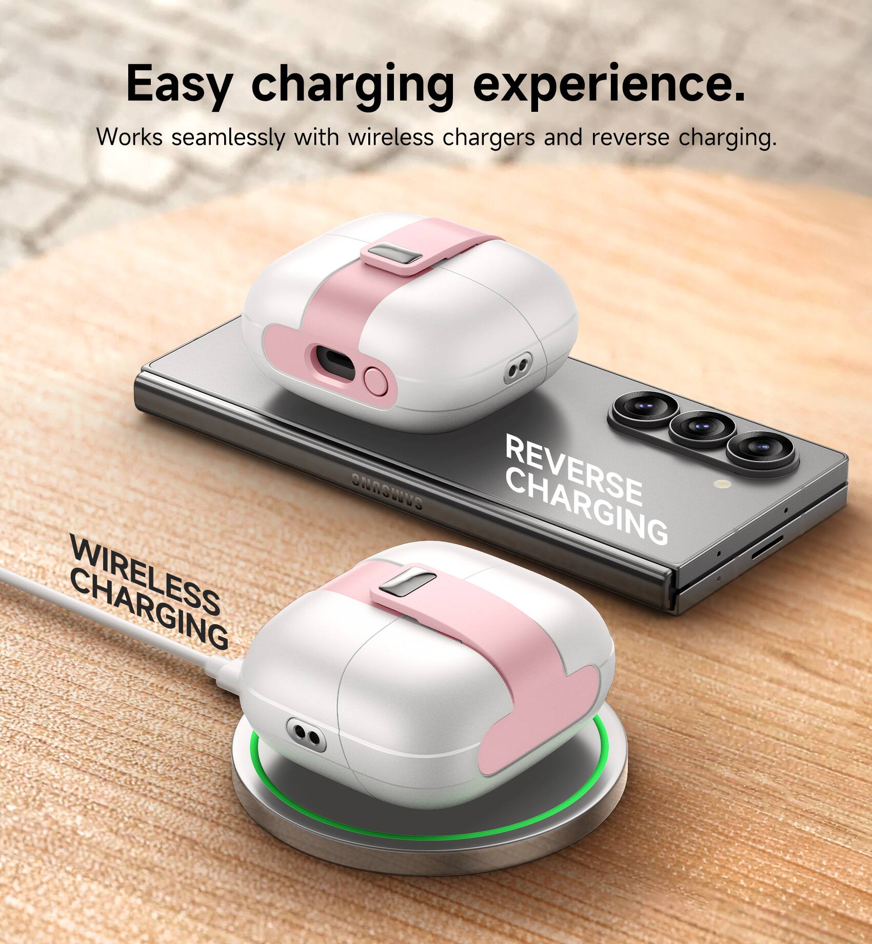 Easy charging experience.  
Works seamlessly with wireless chargers and reverse charging.  
CHARGING ON NOW  
REVERSE CHARGING