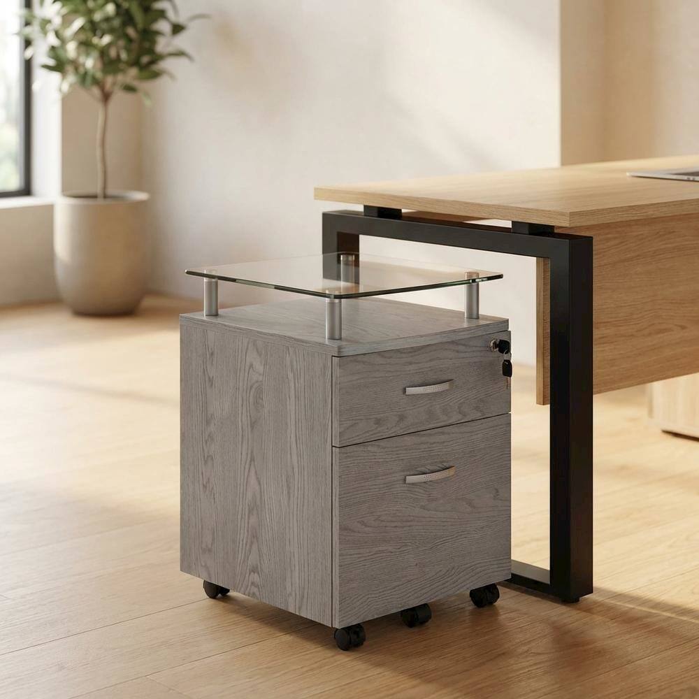 Alt View 4. FurniFact - Grey Rolling File Cabinet with Glass Top and Smooth Mobility for Home or Office - Gray.