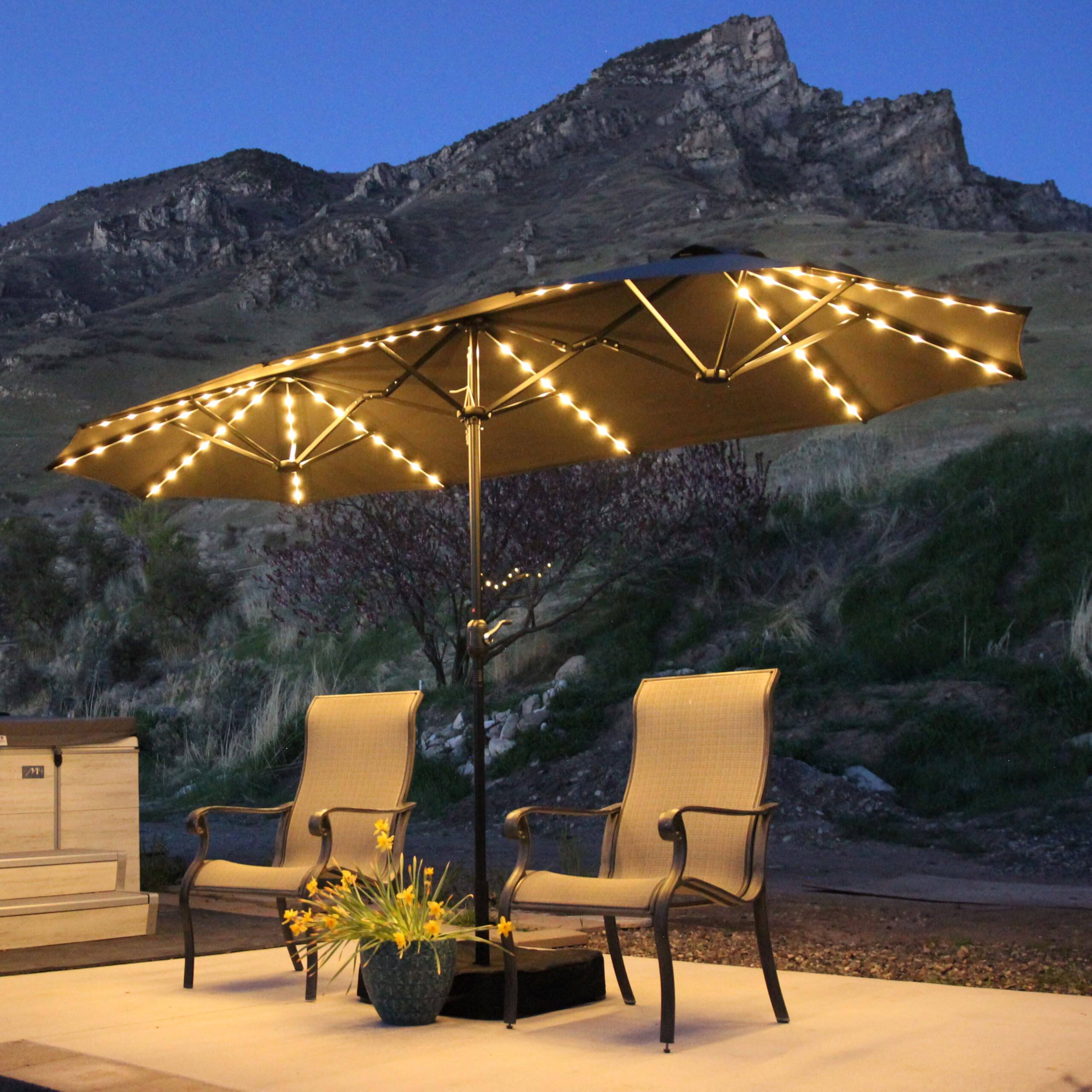Alt View 1. PURPLE LEAF - 13 ft. Patio Market Umbrella with Solar LED and Base Double-Sided Outdoor Table Sun Umbrellas for Pool Deck Backyard - Light Gray.