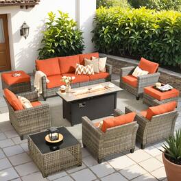 Ovios - 9 PCS Patio Furniture Conversation Sofa Set with Armchair, Coffee Table & 54" Fire Pit Table - Orange Red