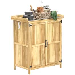 Outsunny - Outdoor Storage Cabinet, Garden Tool Shed with Metal Tabletop and Shelf, Wooden Potting Bench with 2 Doors for Backyard