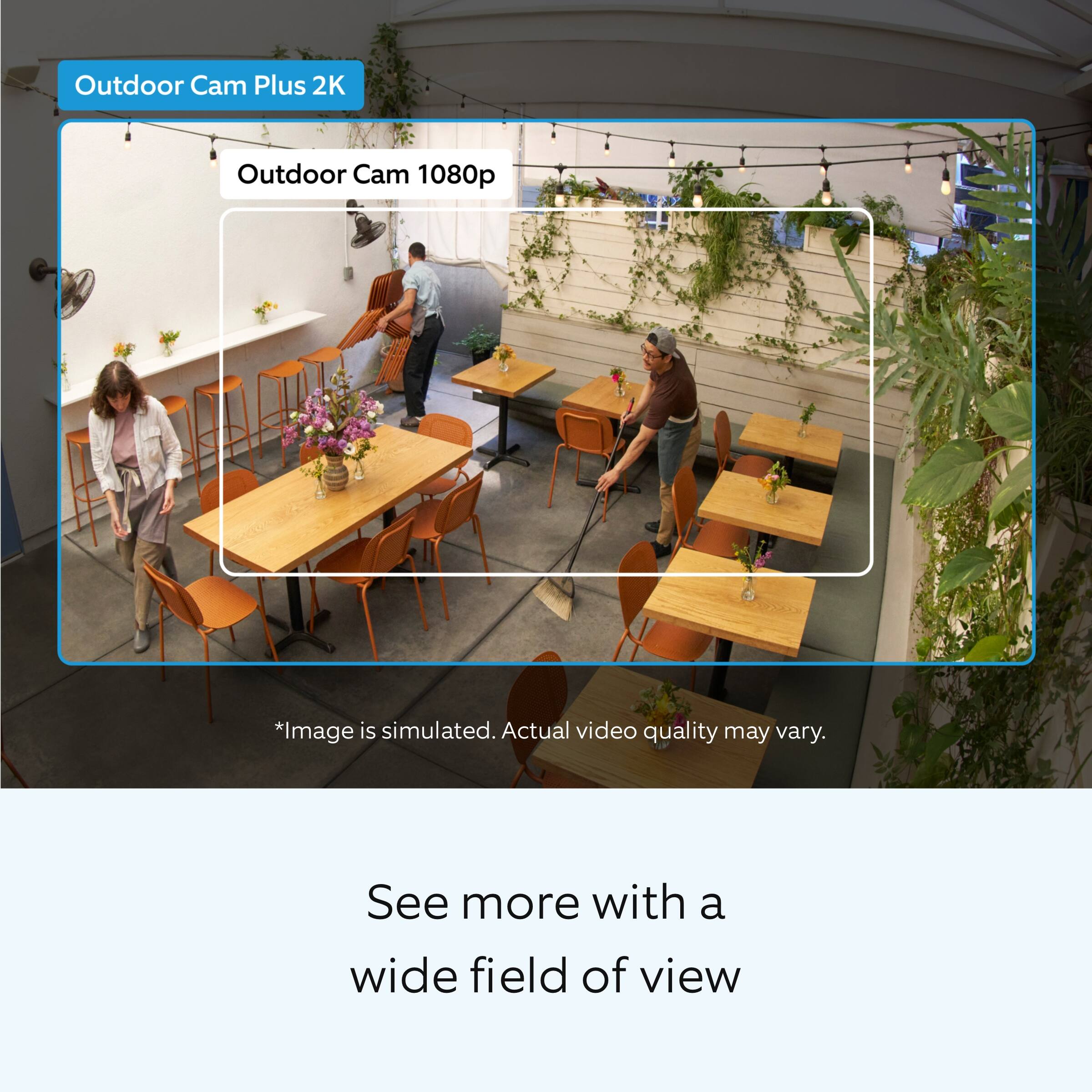 Outdoor Cam Plus 2K

Outdoor Cam 1080p

*Image is simulated. Actual video quality may vary.

See more with a wide field of view