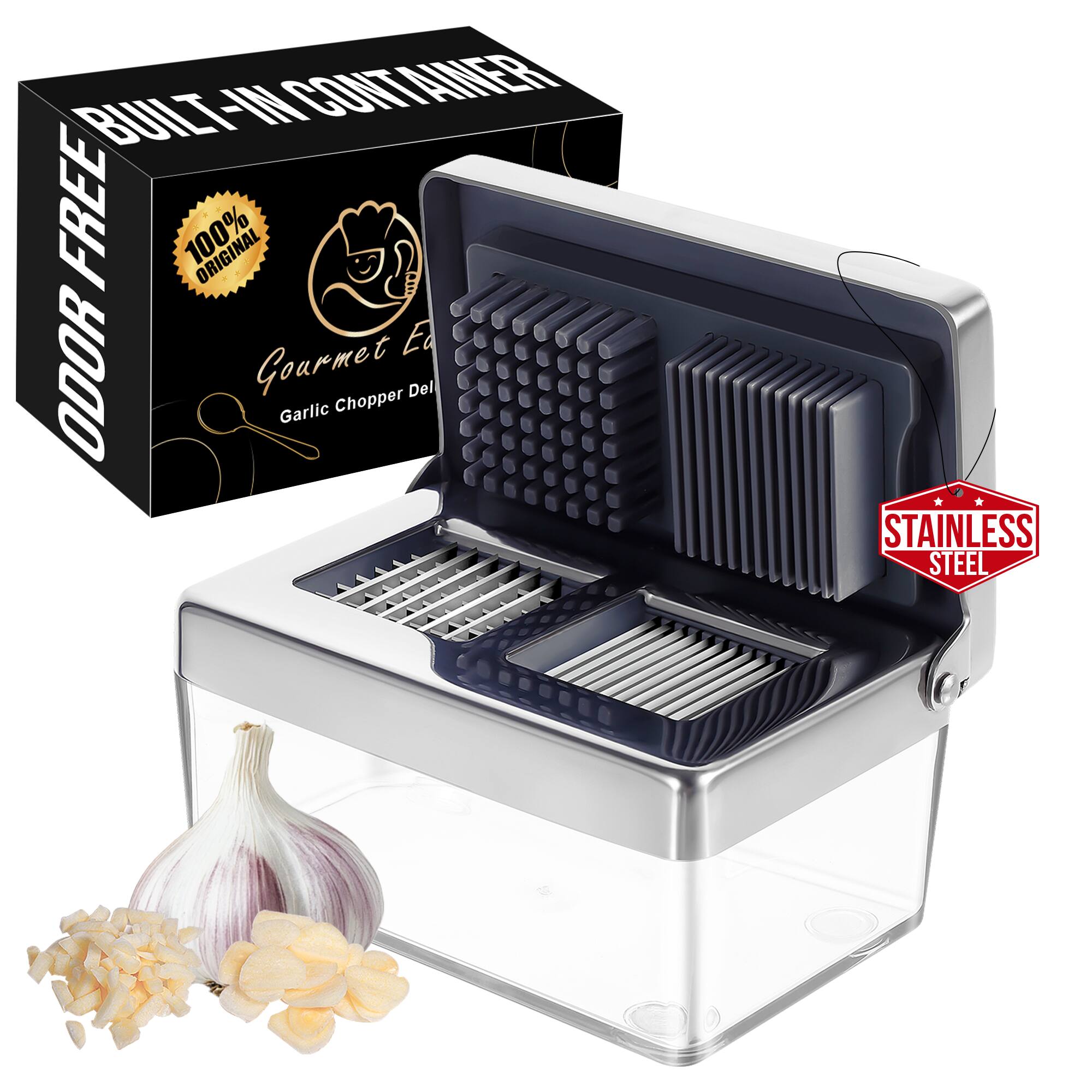 Gourmet Easy - Garlic Press Garlic Chopper Mini & Slicer Super Thin 2 in 1, Odor Free Ginger Dicer + Container - Stainless Steel