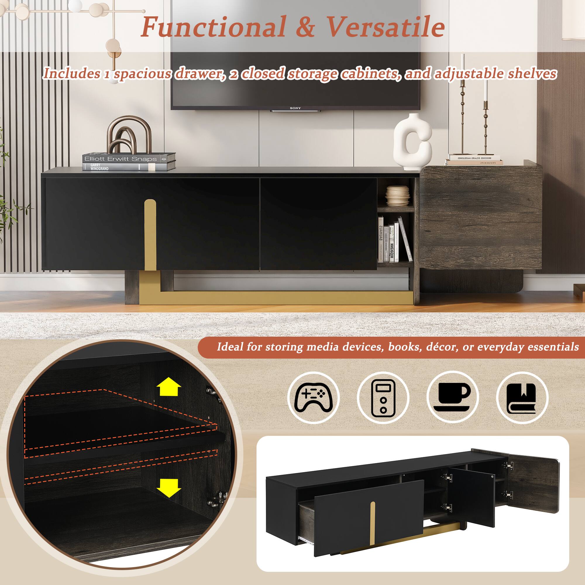 Functional & Versatile  
Includes 1 spacious drawer, 2 closed storage cabinets, and adjustable shelves  

Ideal for storing media devices, books, décor, or everyday essentials