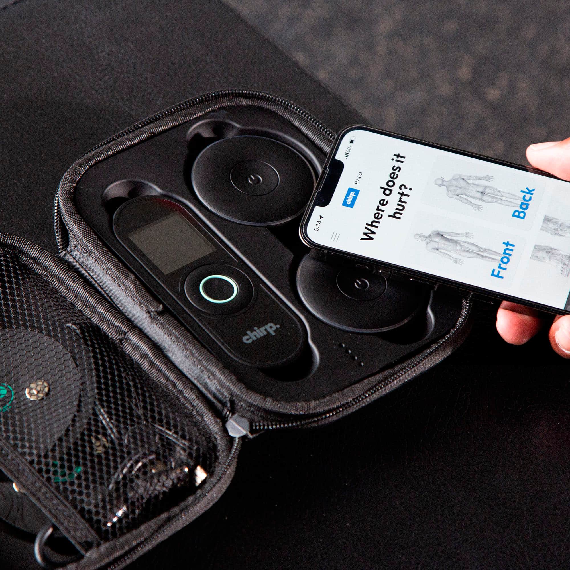 The text on the image reads: "chirp. F 5:14 o5. it hurts? Where? Front Back". The corrected text would be: "chirp. F 5:14 o5. Does it hurt? Where? Front or Back?"