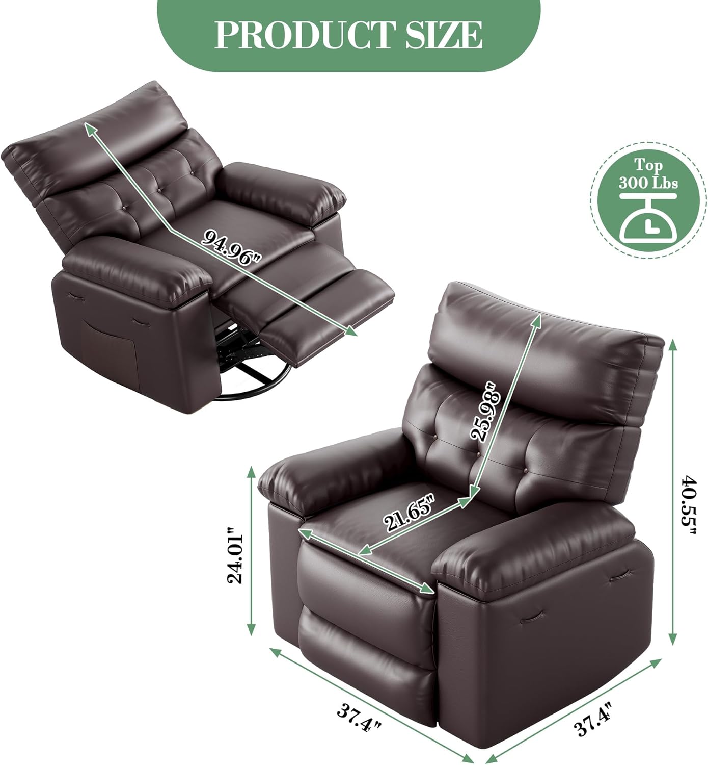 PRODUCT SIZE  
Top 300 Lbs  

94.96"  
24.01"  
25.98"  
21.65"  
40.55"  
37.4"  
37.4"