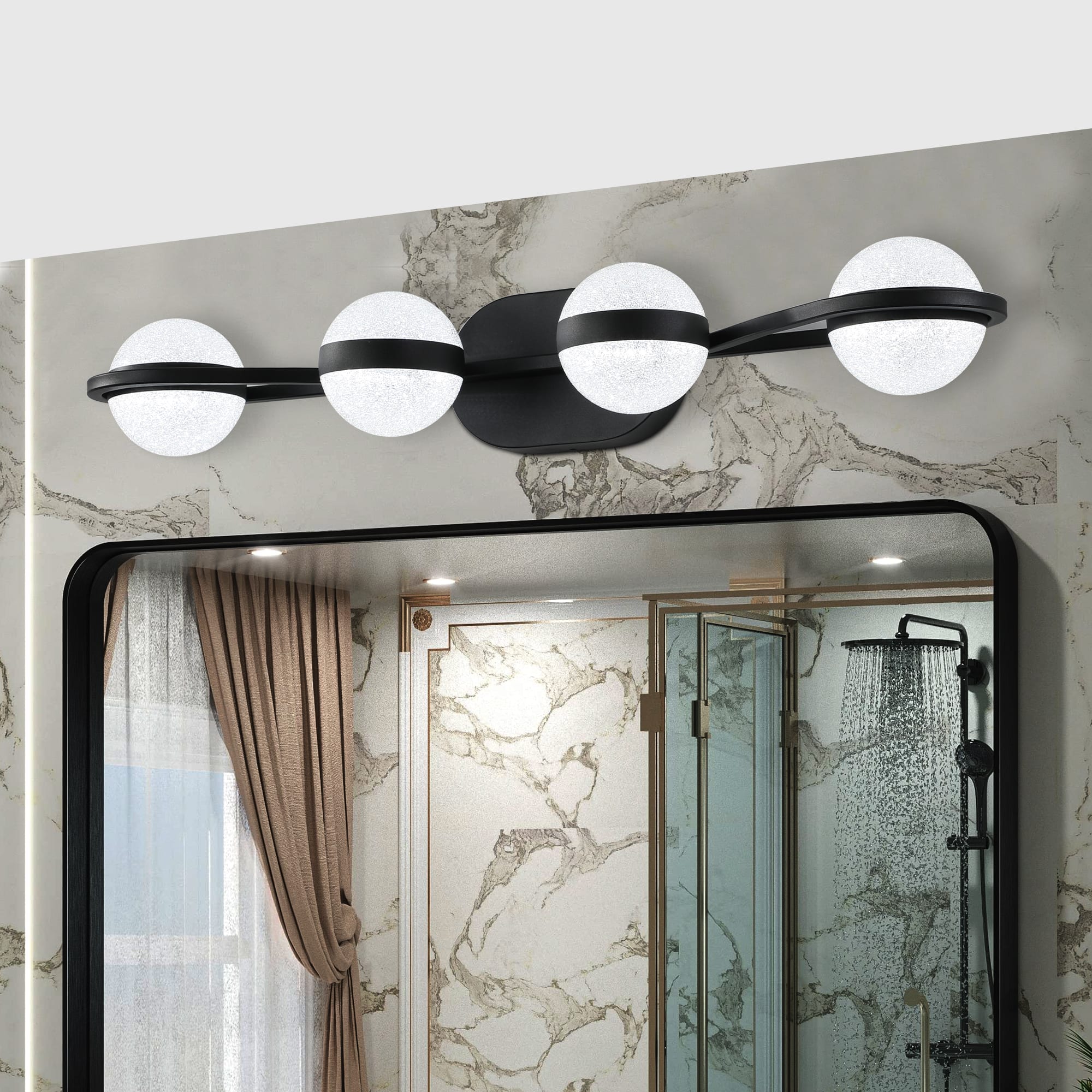 APRILSOUL - 30 Inch Black Minimalist LED Bathroom Vanity Light with Crystal Sand Acrylic Shades 4-Light Wall Mounted