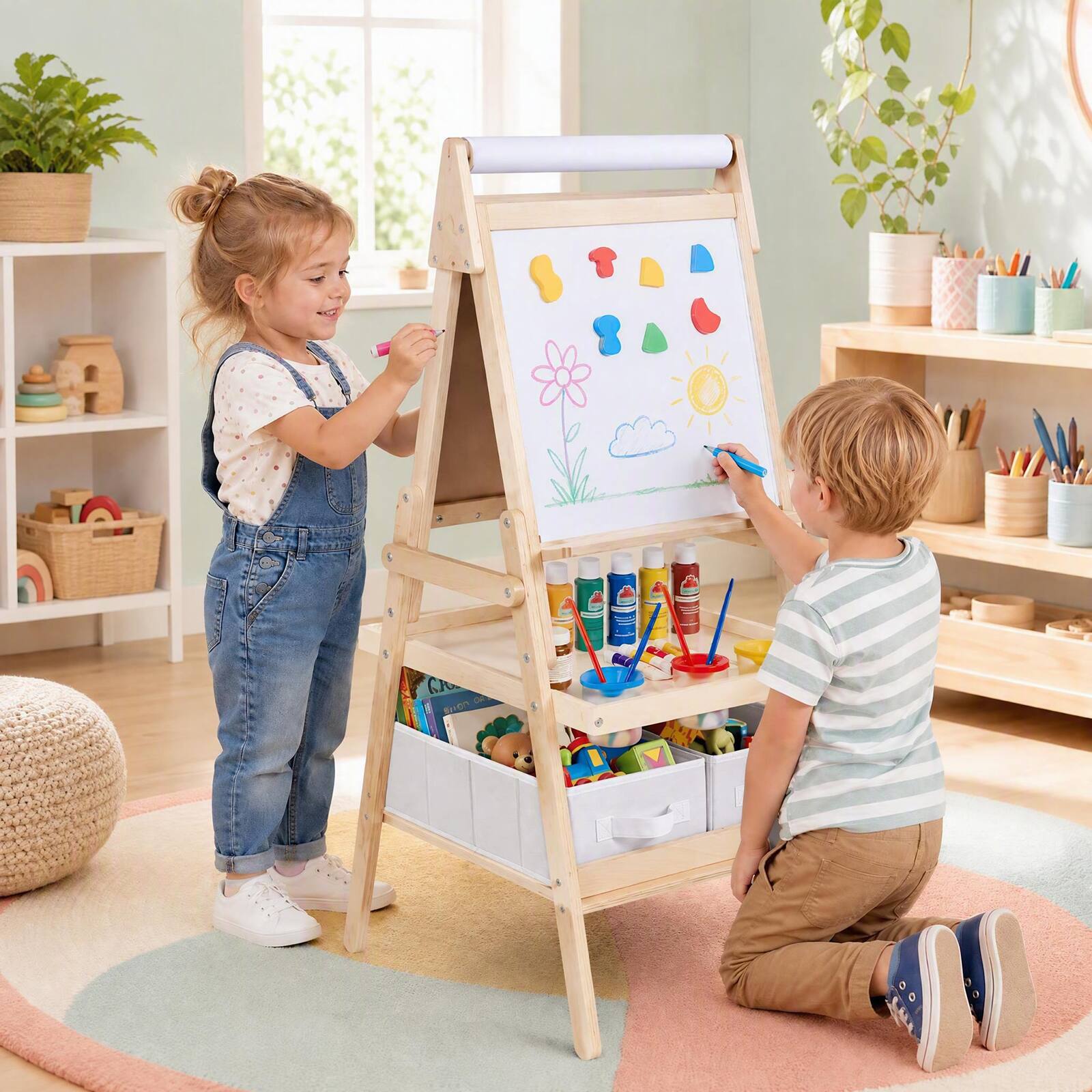 Alt View 1. Costway - Costway Easel for Kid, Double-sided Kids Easel with Magnetic Whiteboard & Chalkboard - Natural.