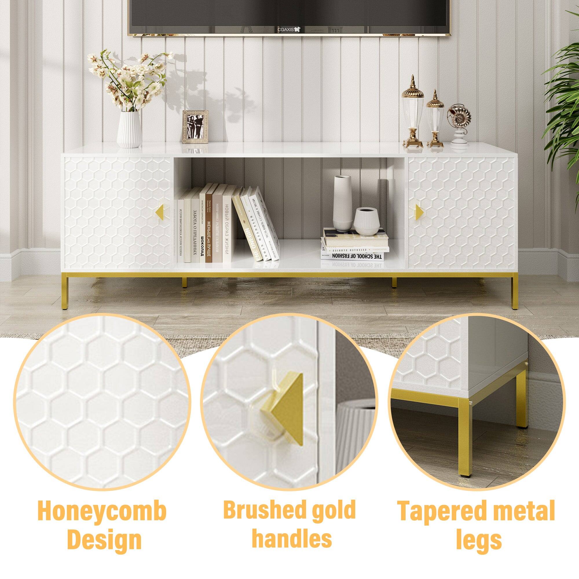 Honeycomb Design  
Brushed gold handles  
Tapered metal legs