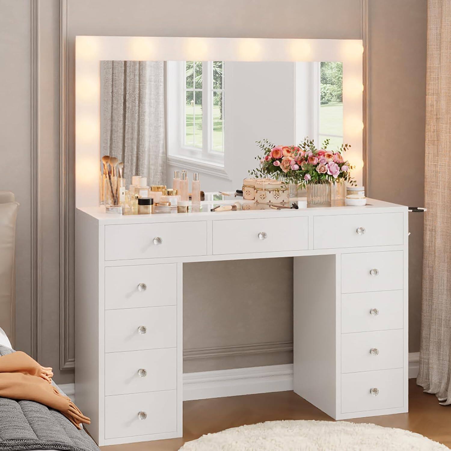 Alt View 5. Jojoka - Makeup Vanity Desk with Mirror & 12 LED Lights, White Glass Top Dressing Table with 11 Drawers & Power Outlet - White.