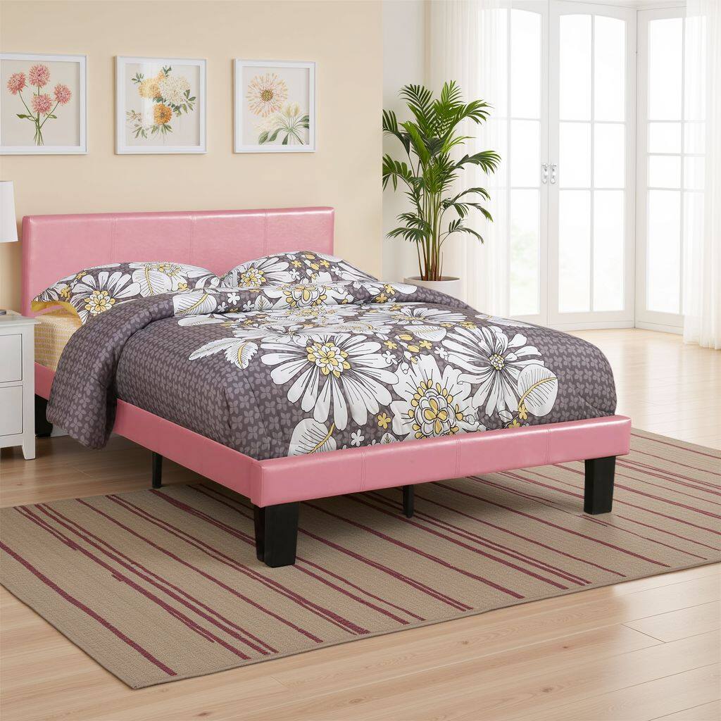Alt View 5. Manhattan Lane - Traditional Wooden Full Bed with Faux Leather Upholstery - Pink.
