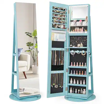 Front. Gymax - Gymax 360° Rotating Mirrored Jewelry Cabinet Armoire 3 Color LED Modes Lockable Blue - Blue.