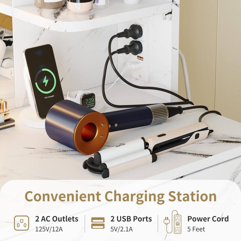 Convenient Charging Station

- 2 AC Outlets: 125V/12A
- 2 USB Ports: 5V/2.1A
- Power Cord: 5 Feet