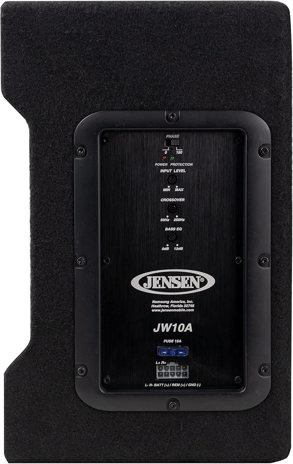 **PHASE**  
0 180  

**POWER PROTECTION**  
INPUT LEVEL  
MIN MAX  

CROSSOVER  
50Hz 250Hz  

BASS EQ  
0dB 12dB  

JENSEN  
Namseung America, Inc.  
Heathrow, Florida 32746  
www.jensenmobile.com  

JW10A  

FUSE 15A  

L+ R+  
- a -  
L- R-  
BATT (+) REM (+) / GND (-)