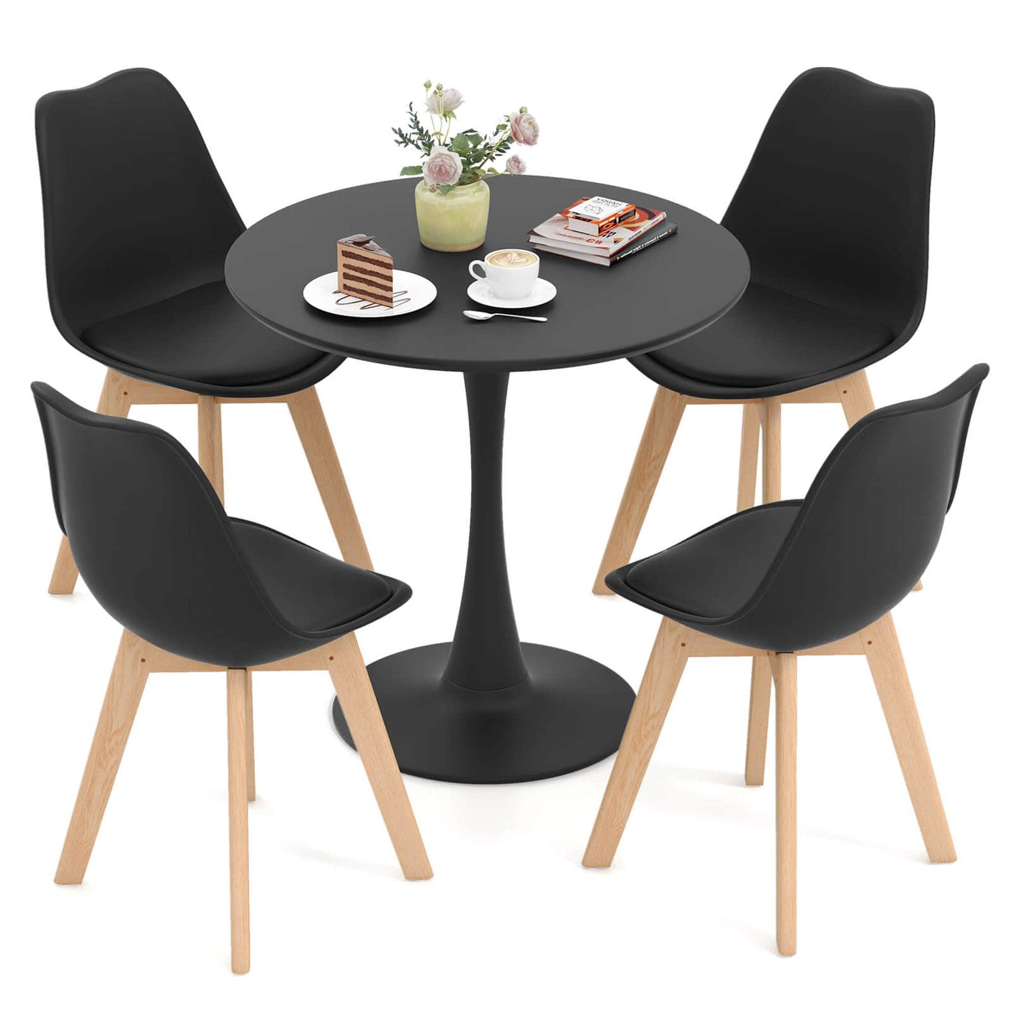 Costway - 5 PCS Dining Set Modern Round Dining Table 4 Chairs for Small Space Kitchen - Black