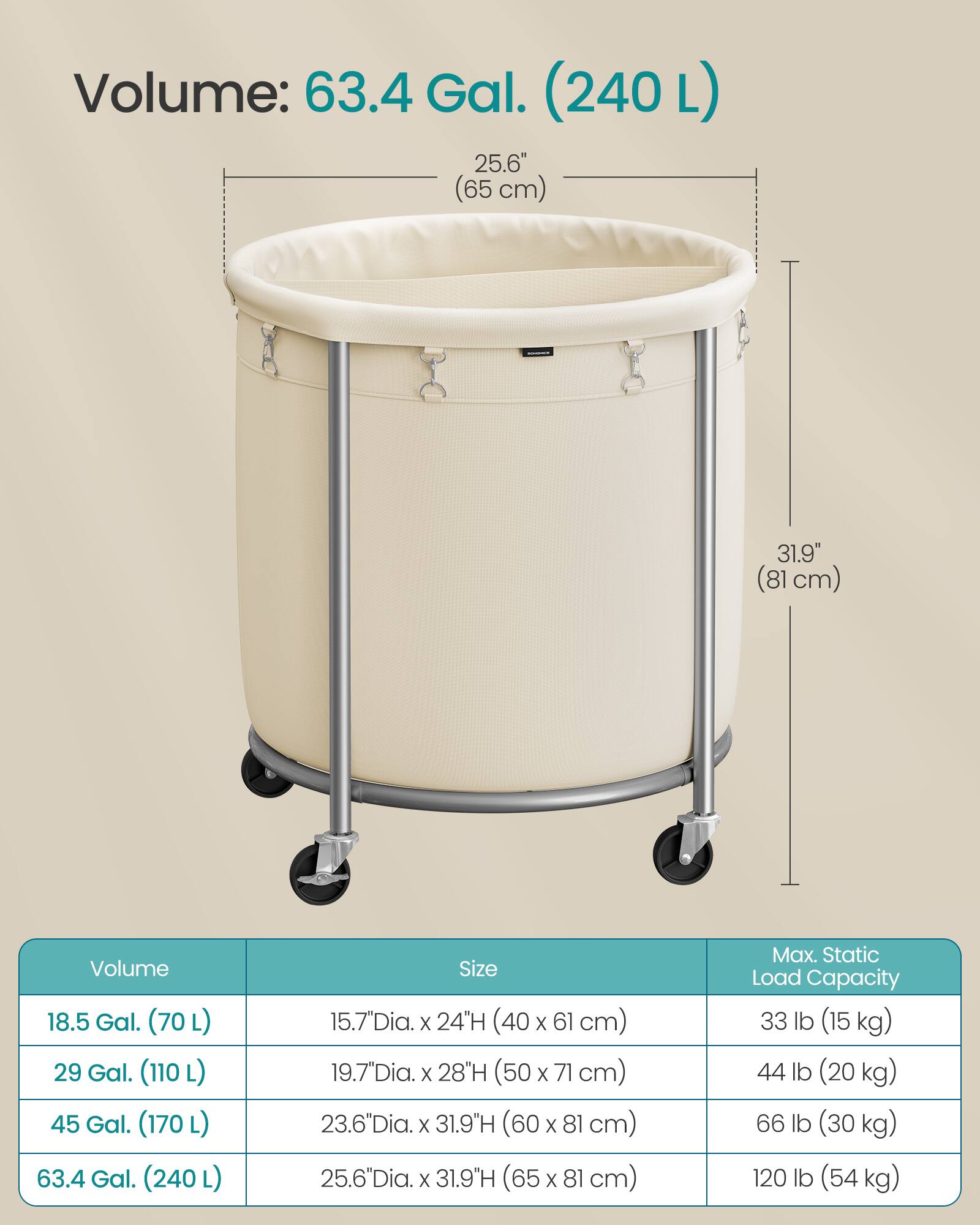 Volume: 63.4 Gal. (240 L)

Size: 25.6" Dia. x 31.9" H (65 cm x 81 cm)

Max. Static Load Capacity: 120 lb (54 kg)

---

Volume: 18.5 Gal. (70 L)

Size: 15.7" Dia. x 24" H (40 cm x 61 cm)

Max. Static Load Capacity: 33 lb (15 kg)

---

Volume: 29 Gal. (110 L)

Size: 19.7" Dia. x 28" H (50 cm x 71 cm)

Max. Static Load Capacity: 44 lb (20 kg)

---

Volume: 45 Gal. (170 L)

Size: 23.6" Dia. x 31.9" H (60 cm x 81 cm)

Max. Static Load Capacity: 66 lb (30 kg)