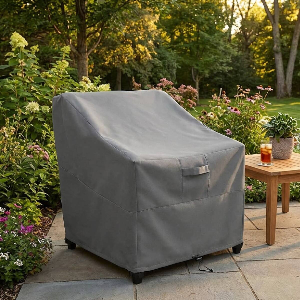 Angle. KHOMO GEAR - Heavy-Duty Patio Chair Cover, Waterproof Outdoor Furniture Protector, Fade & Weather Resistant – Grey (Standard Size) - Grey.