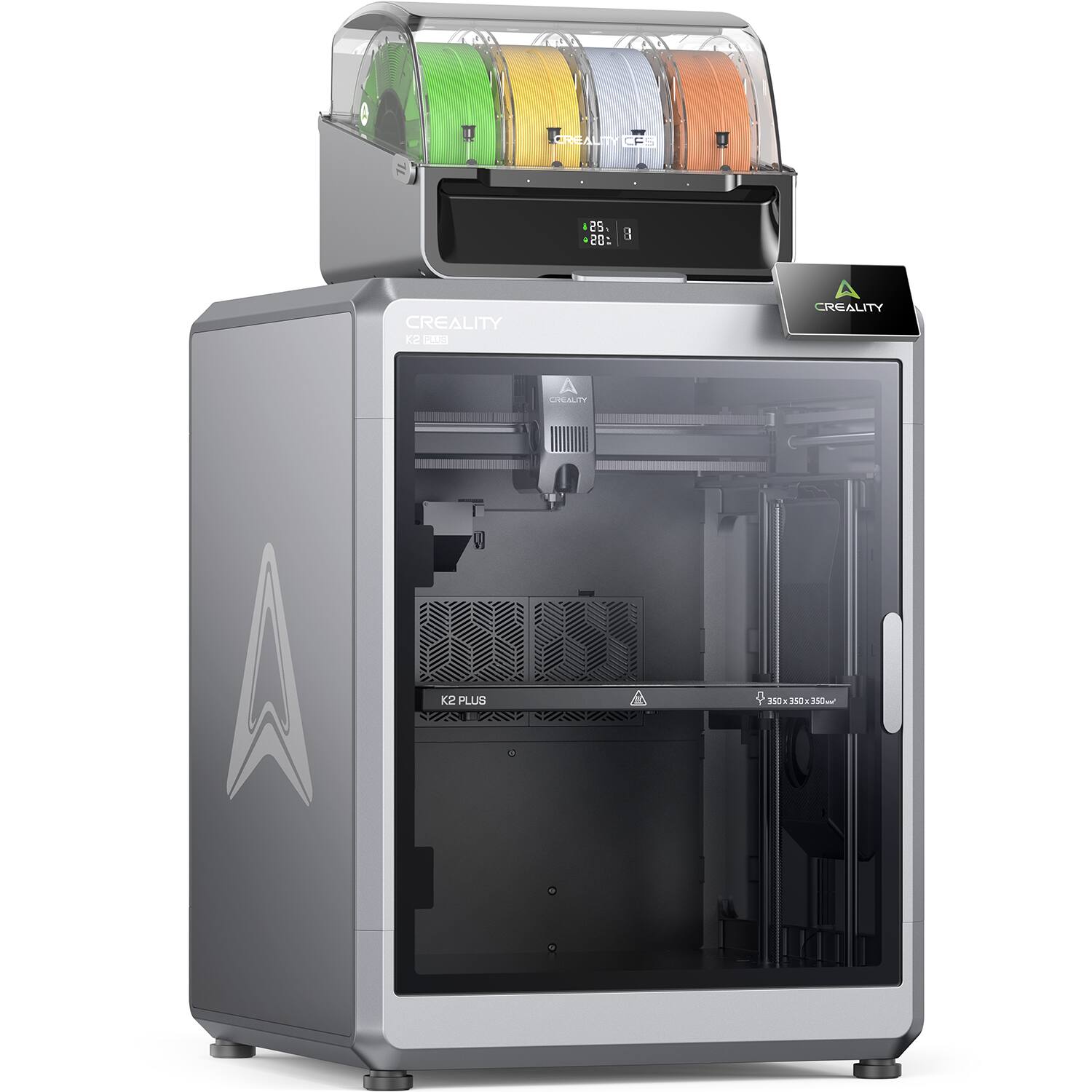 Creality K2 3D printer with a colorful filament holder.
