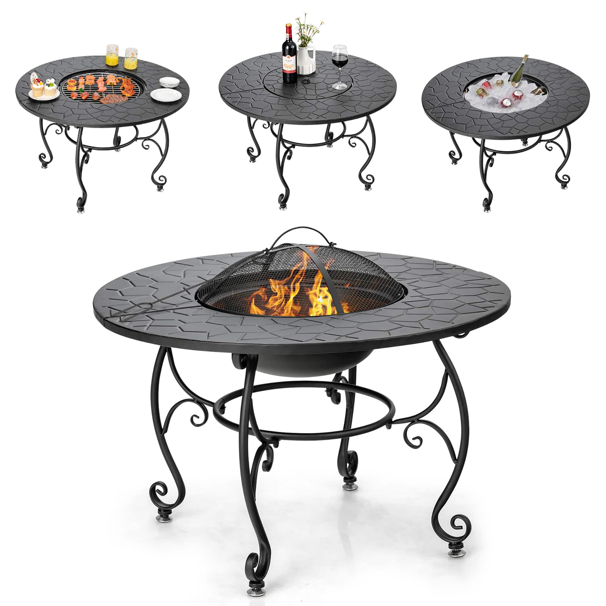 Front. Costway - Costway 35.5" Patio Fire Pit Dining Table Charcoal Wood Burning W/ Cooking BBQ Grate - Black.