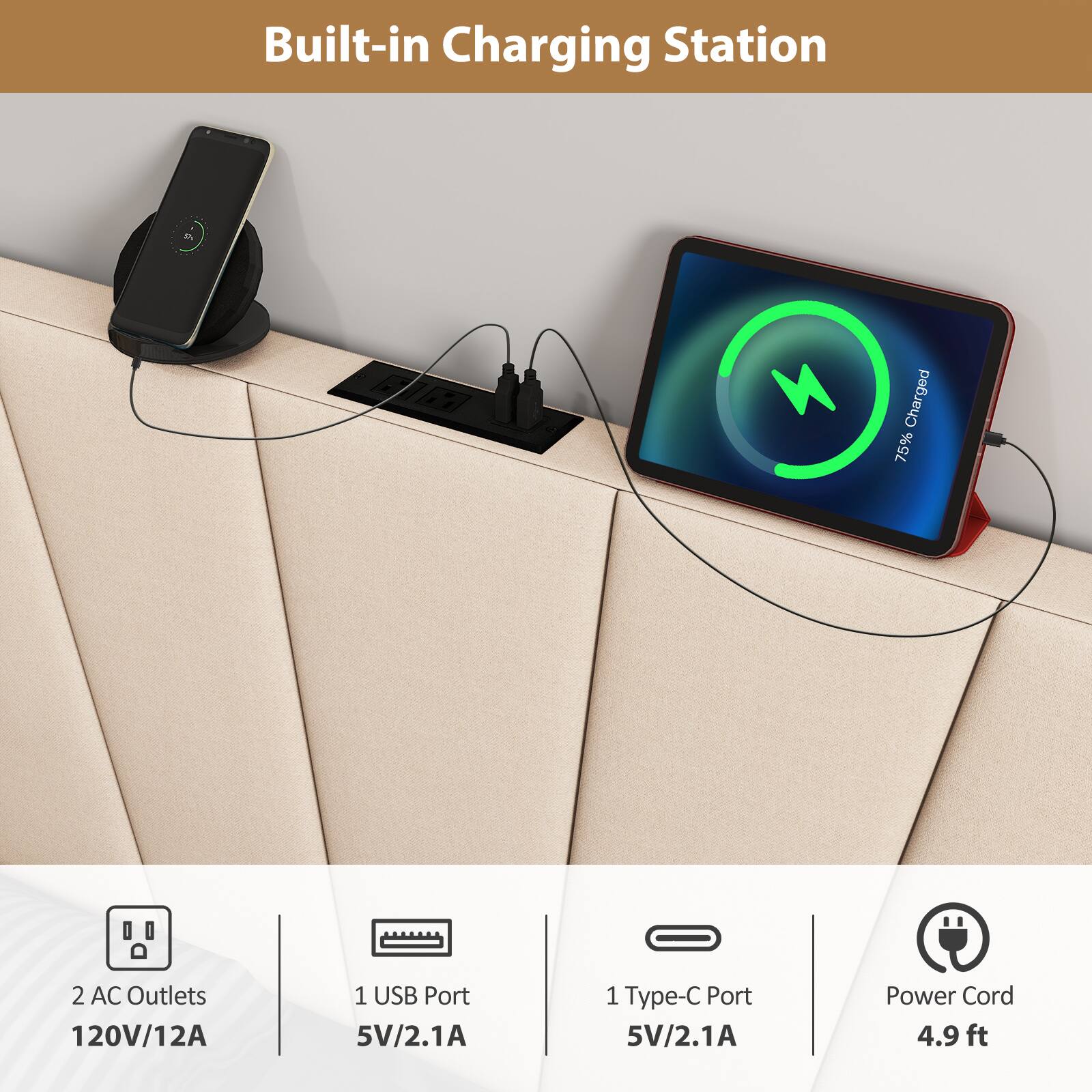 Built-in Charging Station  
Charged 75%  
2 AC Outlets 120V/12A  
1 USB Port 5V/2.1A  
1 Type-C Port 5V/2.1A  
Power Cord 4.9 ft