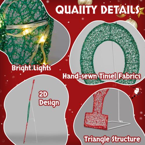 Sure, here is the corrected and grouped text from the image:

**QUALITY DETAILS**

- Bright Lights
- Hand-sewn Tinsel Fabrics
- 2D Design
- Triangle Structure