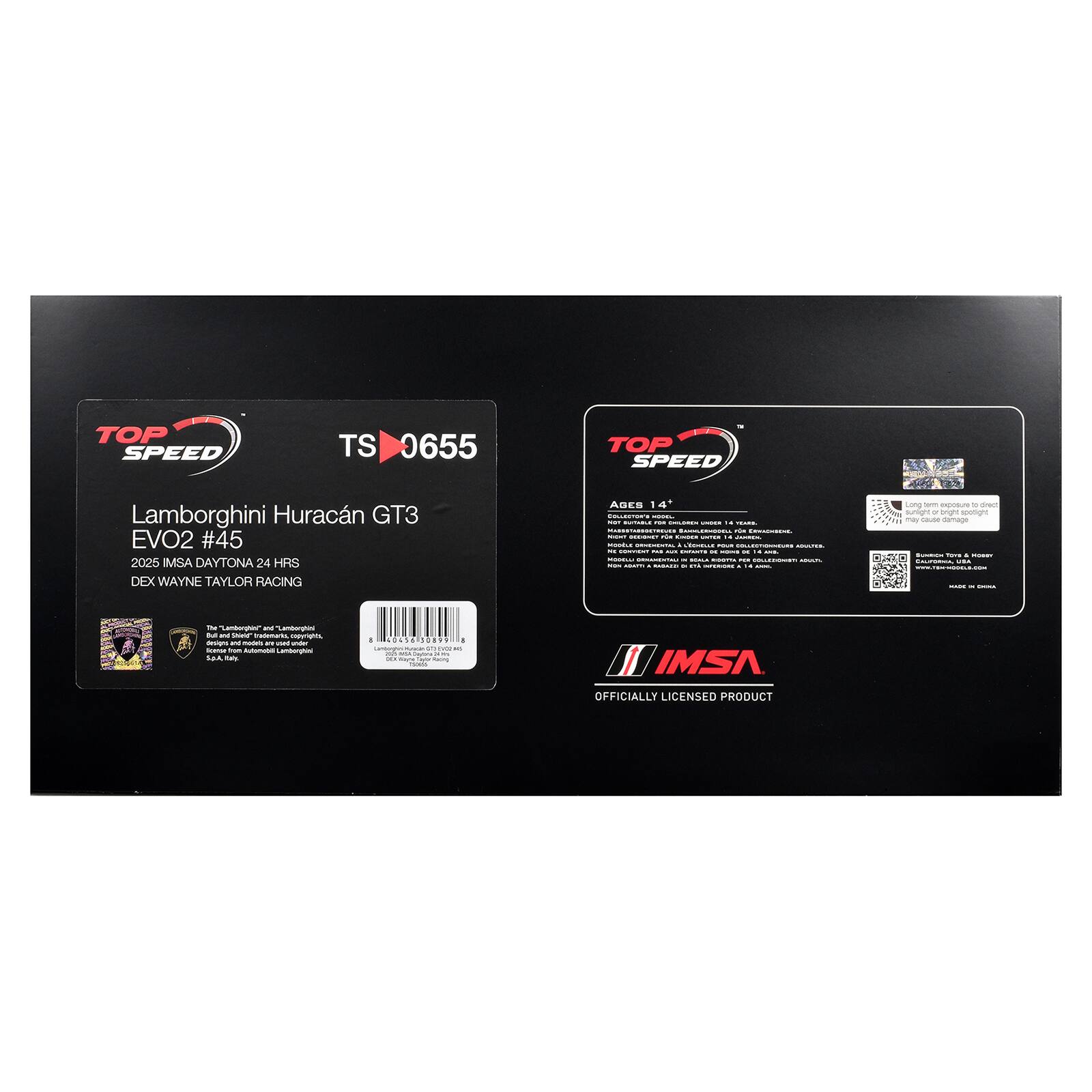 TOP SPEED  
TS 0655  
TOP SPEED  
Lamborghini Huracán GT3 EVO2 #45  
2025 IMSA DAYTONA 24 HRS  
DEX WAYNE TAYLOR RACING  

AGES 14+  
COLLECTION'S - cer NUTUBLE ns COLORES WHITER 14 YEARD.  
MARGENARISMETHOWER LAMPLESSIONAL FR CHAPHISCUP.  
NOWT EXXISANT FOR KILSEN - 14 JAPINIC WOODLE DEVEGENTAL  
YOUR YOUR EXCLESTIONATURE ARQUES M SERVENT ... un SHIPLIITS X minus M DE - MODIOULI CONSEMENTAL!  
IN RIGHLA RISSITYLE PER COLLEZIONISTI SUGAPS - ARIPE - .  
0% - . 14 AAML  

Long term exposure to direct sunlight or bright spotlight may cause damage  
SUMMON FORMS 4 MART CALIFORNIA, USA  
WWW.TEM-WOODLE.COM  

IM "Lamborgtos" and "Lanborghini M and Shield trademarks, copyrights, designs and models are under