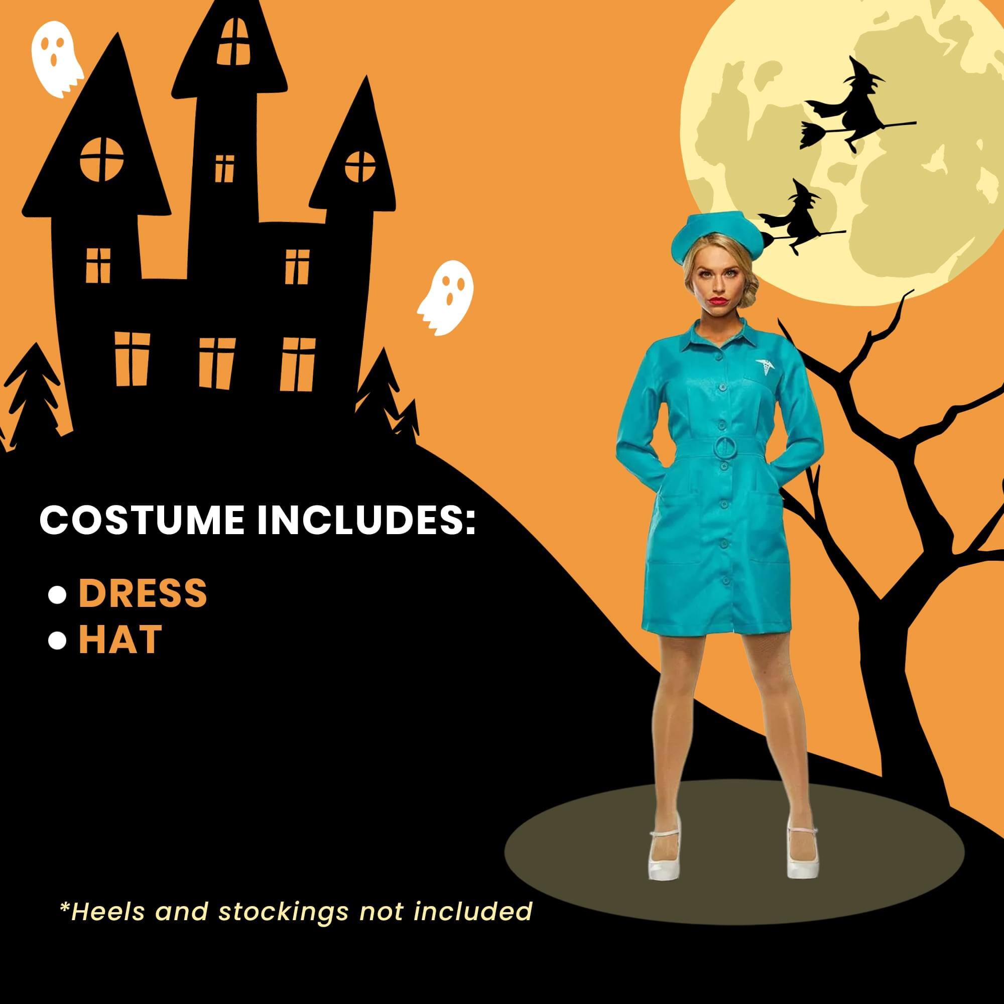 COSTUME INCLUDES:  
- DRESS  
- HAT  

*Heels and stockings not included