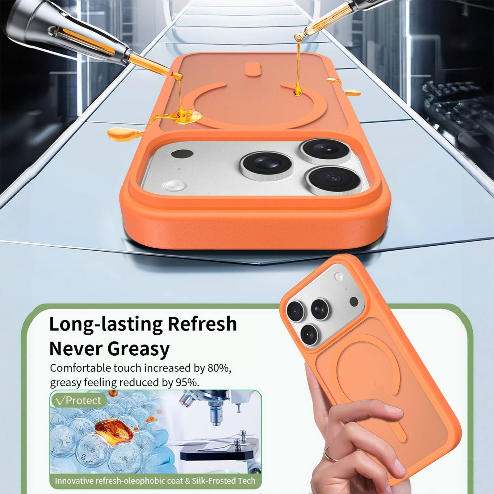 Long-lasting Refresh  
Never Greasy  
Comfortable touch increased by 80%, greasy feeling reduced by 95%.  
Protect  
Innovative refresh-oleophobic coat & Silk-Frosted Tech