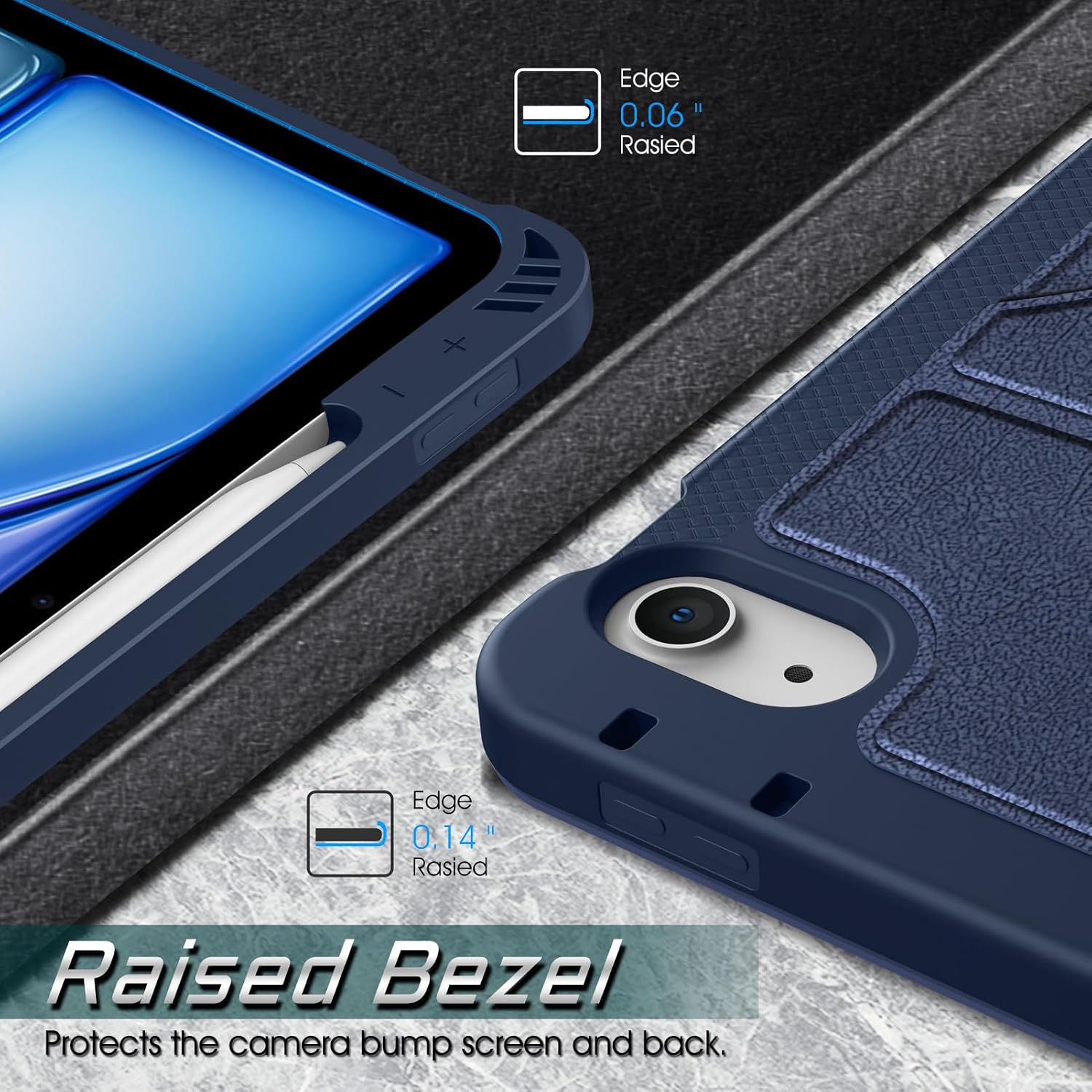 Edge 0.06" Raised  
Edge 0.14" Raised  
Raised Bezel Protects the camera bump screen and back.