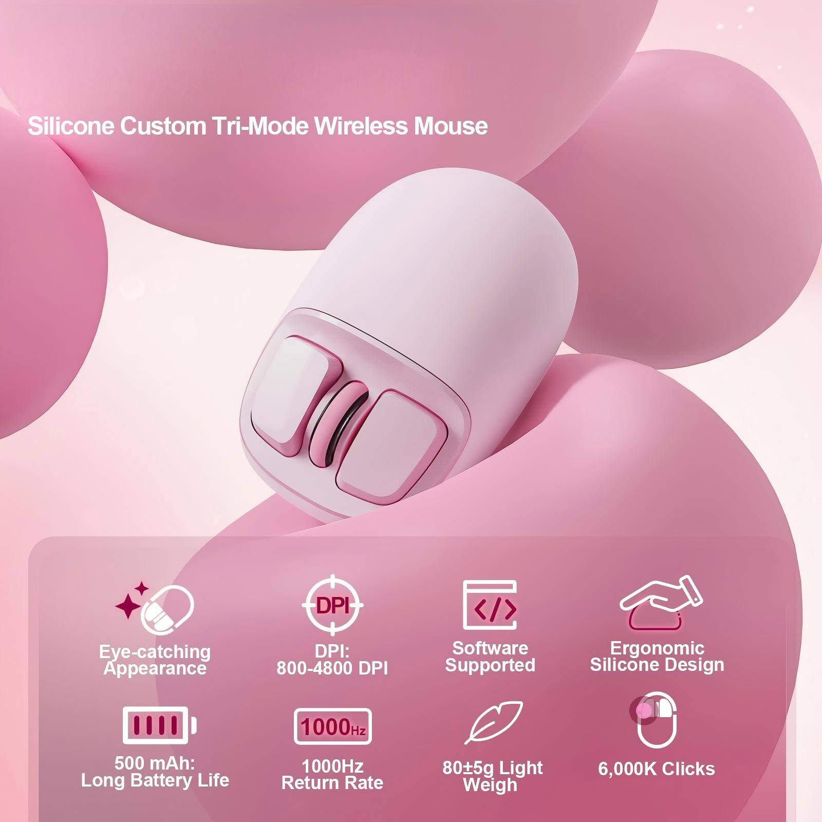 Silicone Custom Tri-Mode Wireless Mouse

- Eye-catching Appearance
- DPI: 800-4800 DPI
- Software Supported
- Ergonomic Silicone Design
- 500 mAh: Long Battery Life
- 1000Hz Return Rate
- 80±5g Light Weight
- 6,000K Clicks