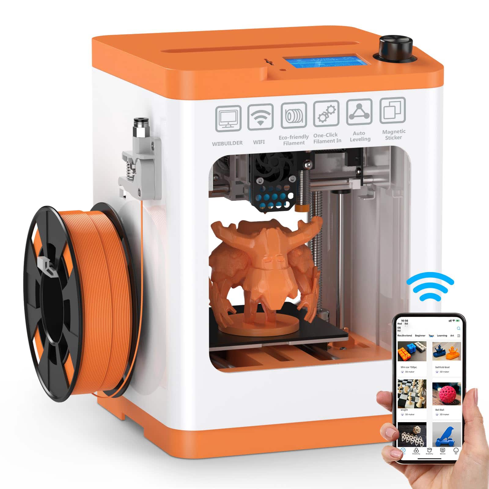 GlowWise - Fully-assembled beginner 3D printer with auto-leveling, silent WiFi printing & open-source design. Ideal for home - Orange