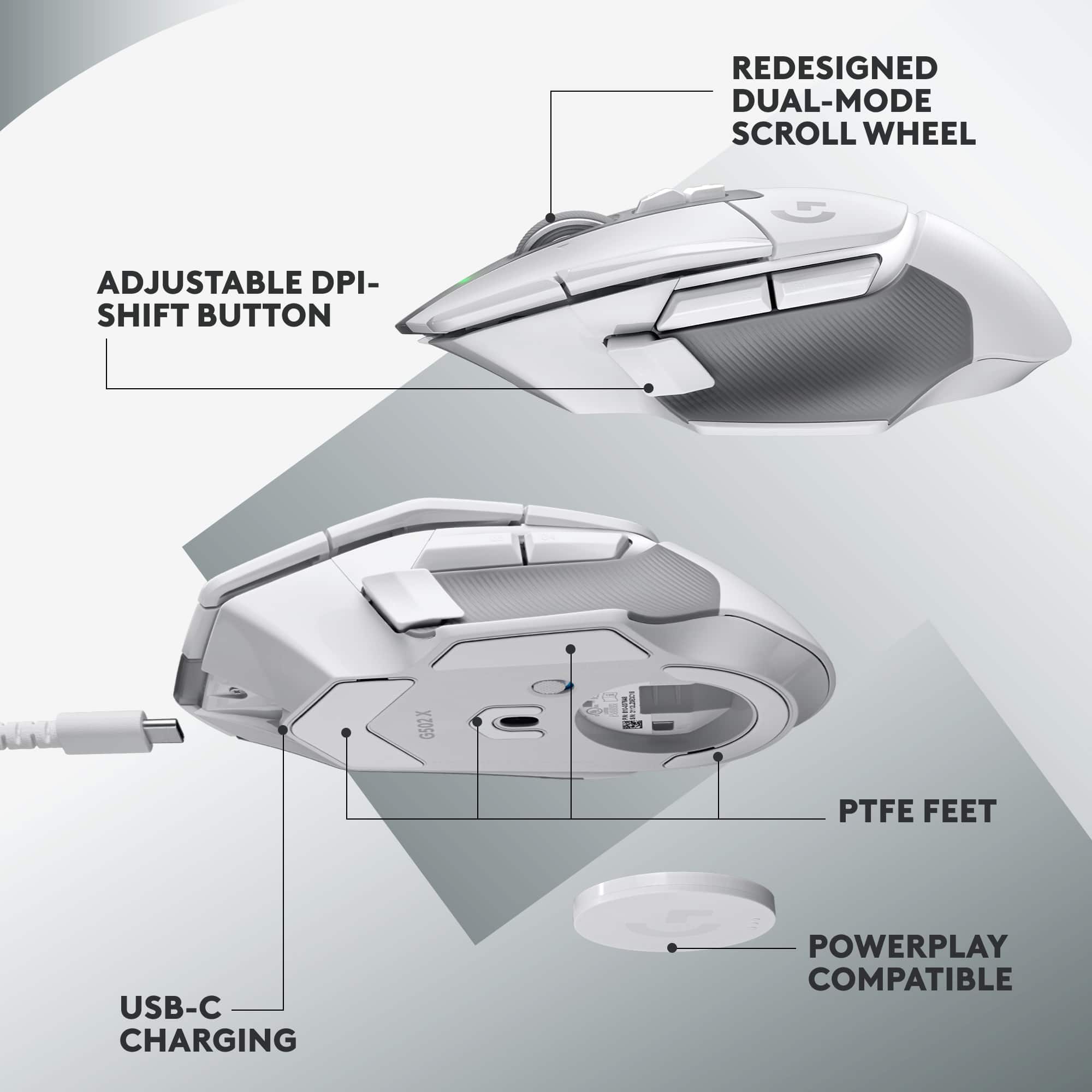 The image features a computer mouse with a scroll wheel and a shift button. The mouse is designed with a dual-mode scroll wheel, which allows for adjustable DPI settings. The scroll wheel is also accompanied by a USB-C charging feature, making it convenient for users to charge their device while using the mouse. The mouse is compatible with the PowerPlay feature, which offers a wireless gaming experience. Additionally, the mouse has PTFE feet, providing a smooth and precise movement on various surfaces.