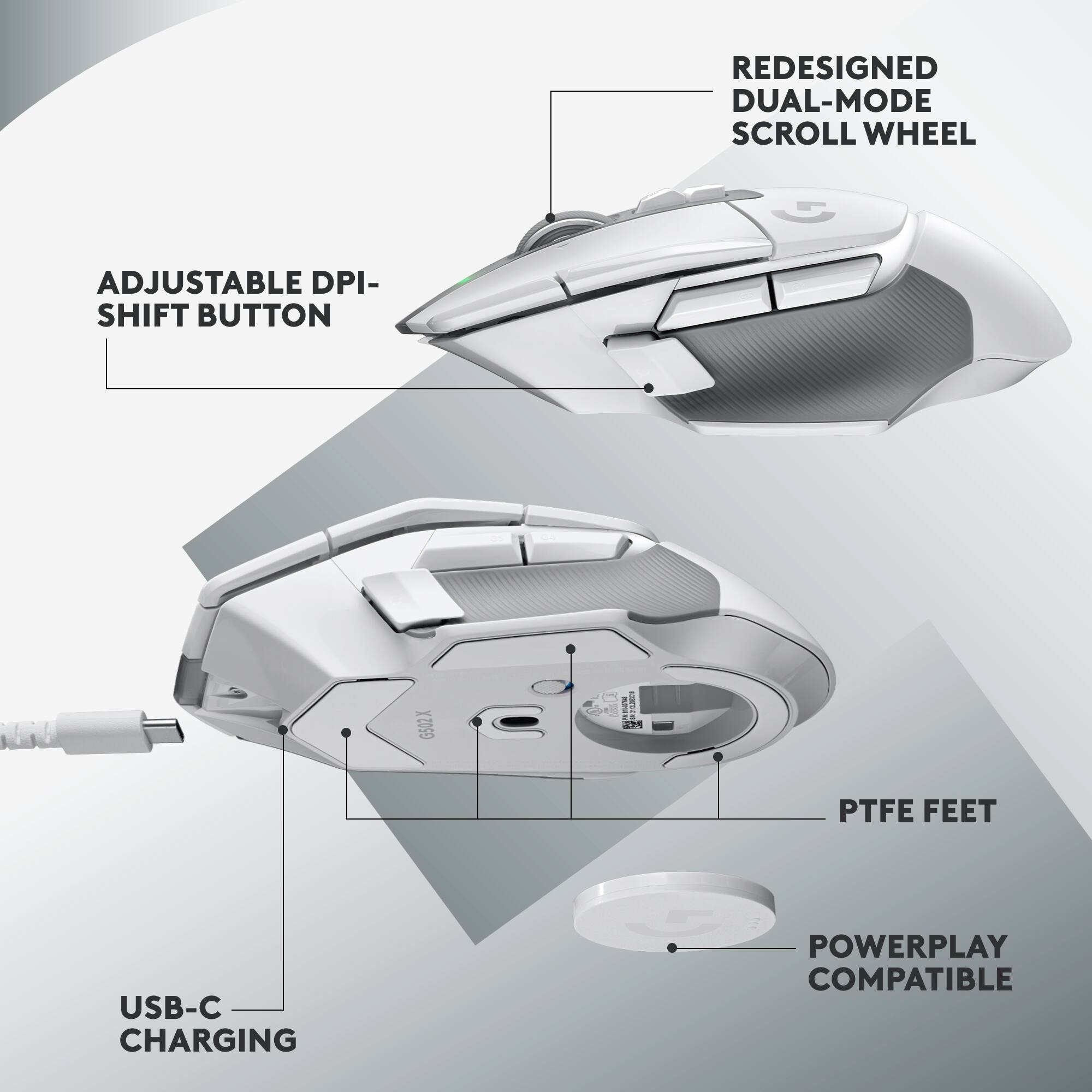 The image features a computer mouse with a scroll wheel and a shift button. The mouse is designed with a dual-mode scroll wheel, which allows for adjustable DPI settings. The scroll wheel is also accompanied by a USB-C charging feature, making it convenient for users to charge their device while using the mouse. The mouse is compatible with the PowerPlay feature, which offers a wireless gaming experience. Additionally, the mouse has PTFE feet, providing a smooth and precise movement on various surfaces.