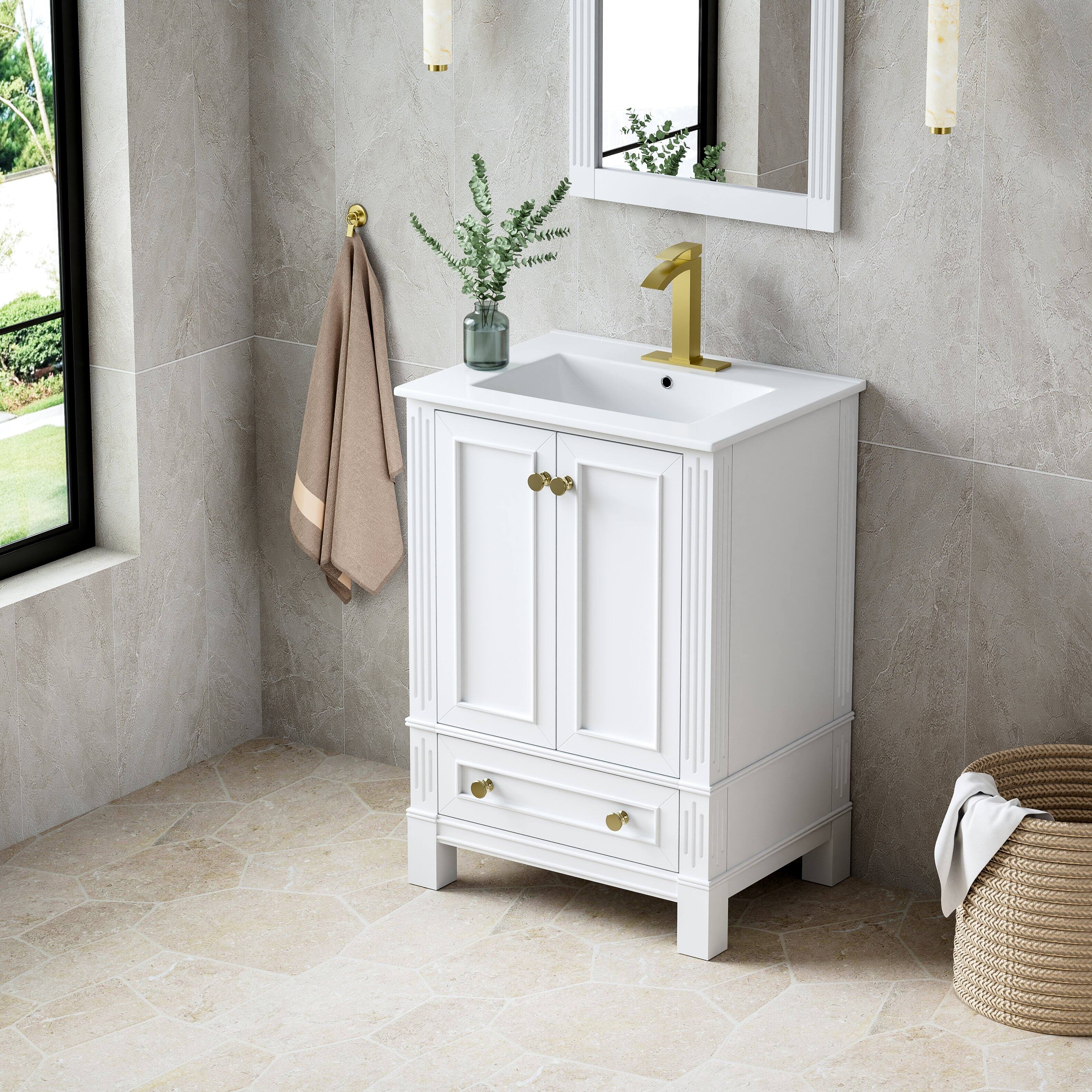 Angle. WELLFOR - DURA 24 in. Solid Wood Bath Vanity with Countertop Basin, Single Sink - White.