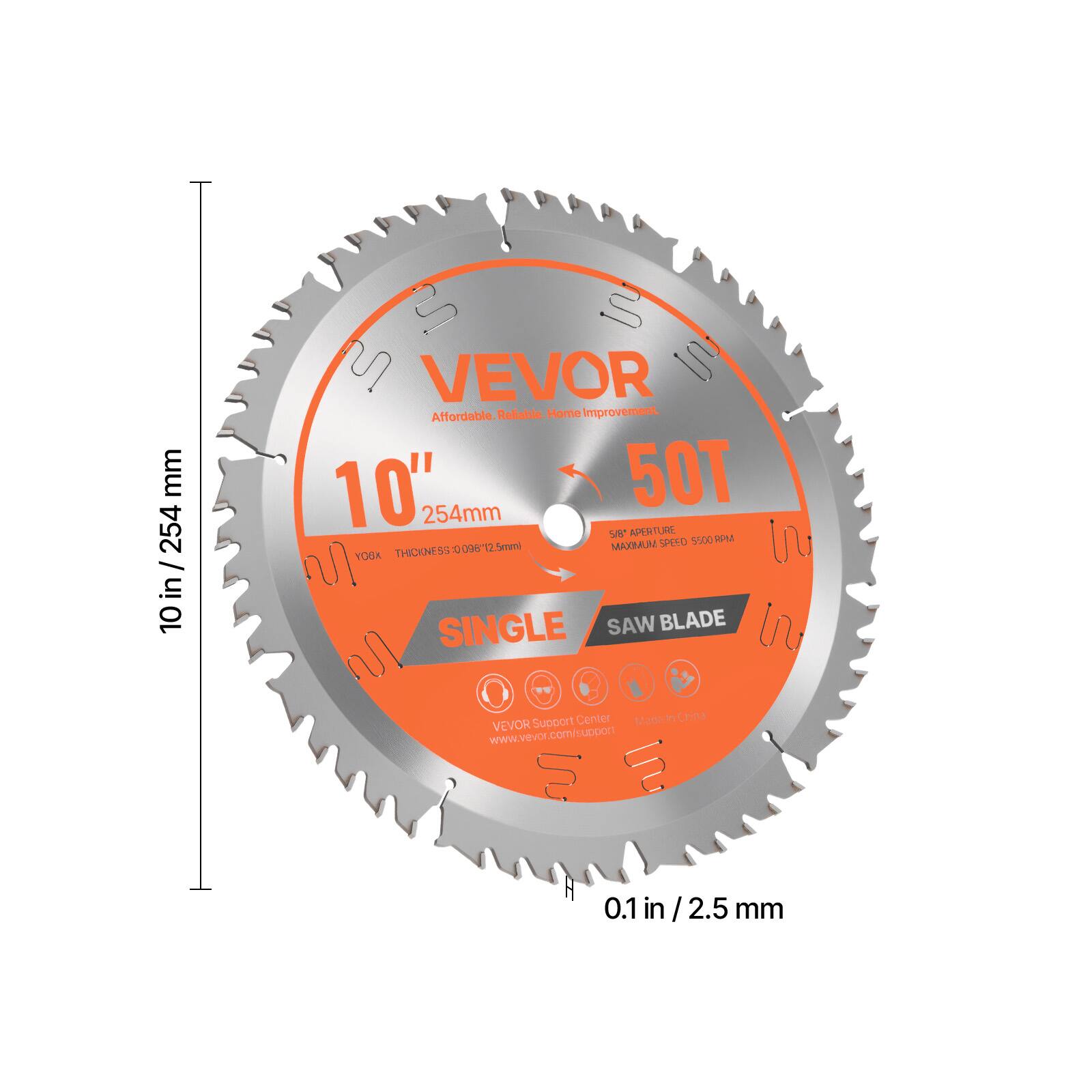 Sure, here is the corrected and grouped text from the image:

---

**VEVOR**  
Affordable Reliable Home Improvement

**10" / 254 mm**  
**50T**  
**SINGLE SAW BLADE**

**5/8" APERTURE**  
**MAXIMUM SPEED 5500 RPM**

**THICKNESS 0.089" / 2.25 mm**

**0.1 in / 2.5 mm**

**VEVOR Support Center**  
www.vevor.com/support

**Made in China**

---

This text is organized to reflect the information on the saw blade as it appears in the image.