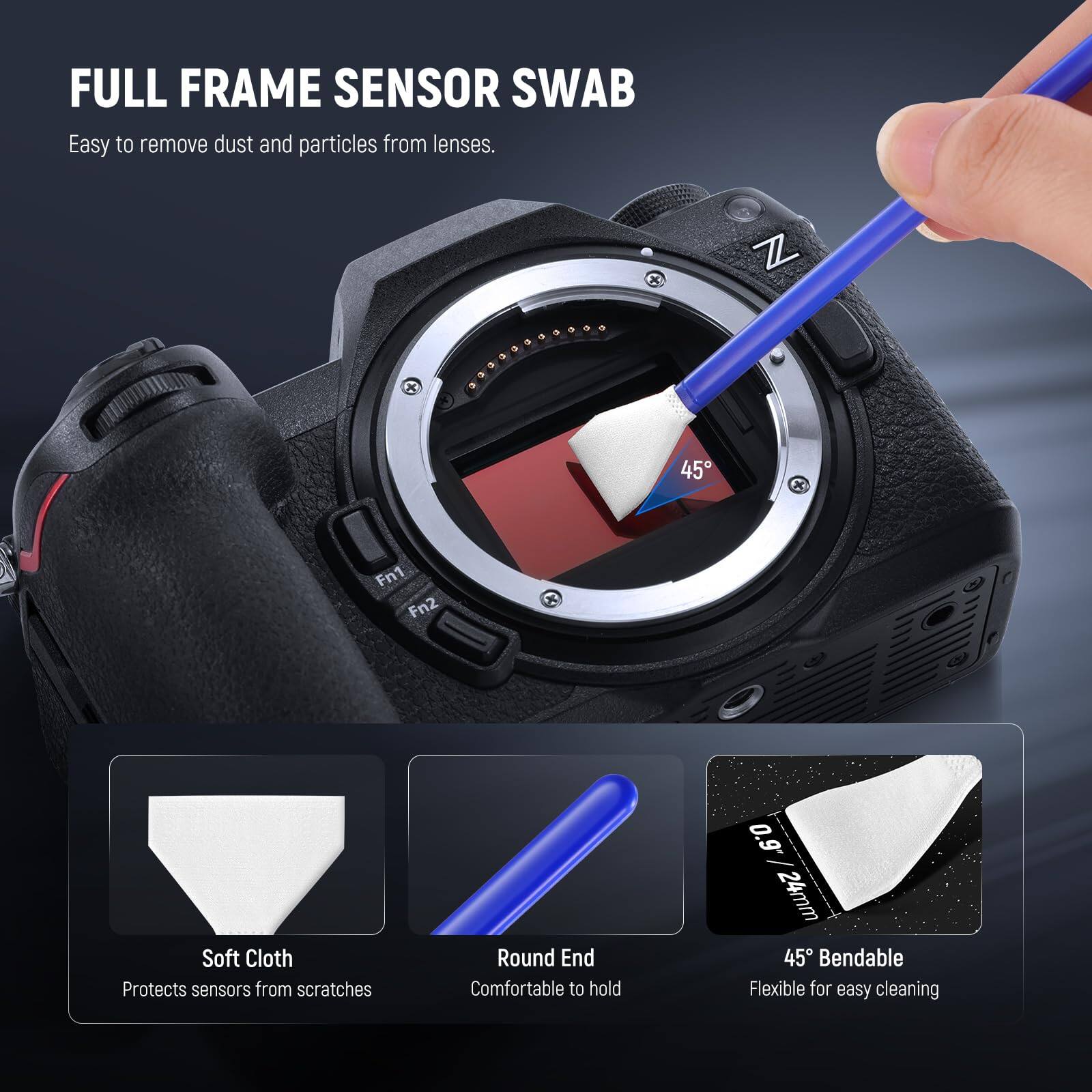 FULL FRAME SENSOR SWAB  
Easy to remove dust and particles from lenses.  

- Soft Cloth: Protects sensors from scratches  
- Round End: Comfortable to hold  
- 45° Bendable: Flexible for easy cleaning  

0.9* 24mm