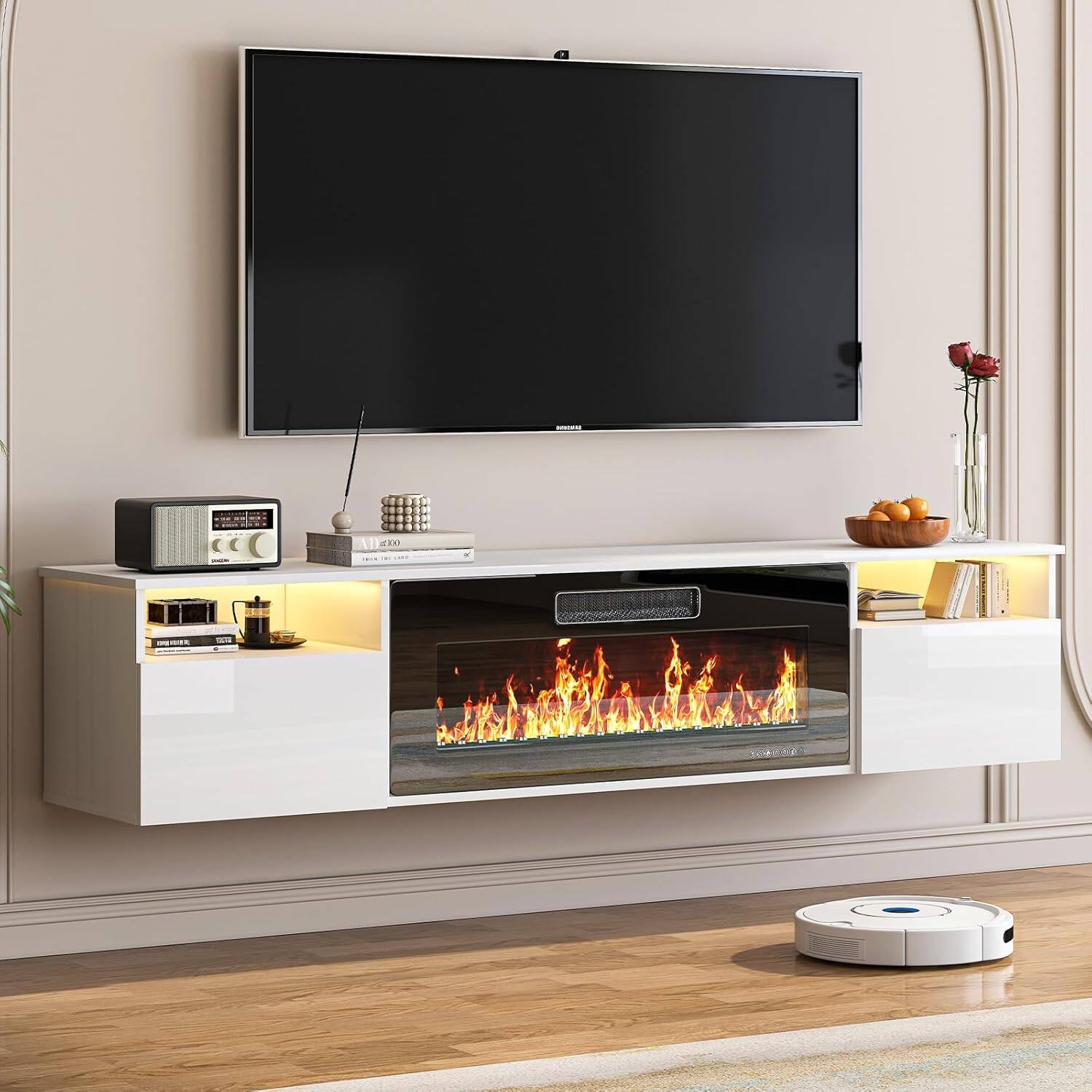 Alt View 2. Circus Cirle - 70" Floating TV Stand with 36" Electric Fireplace Heater - White.