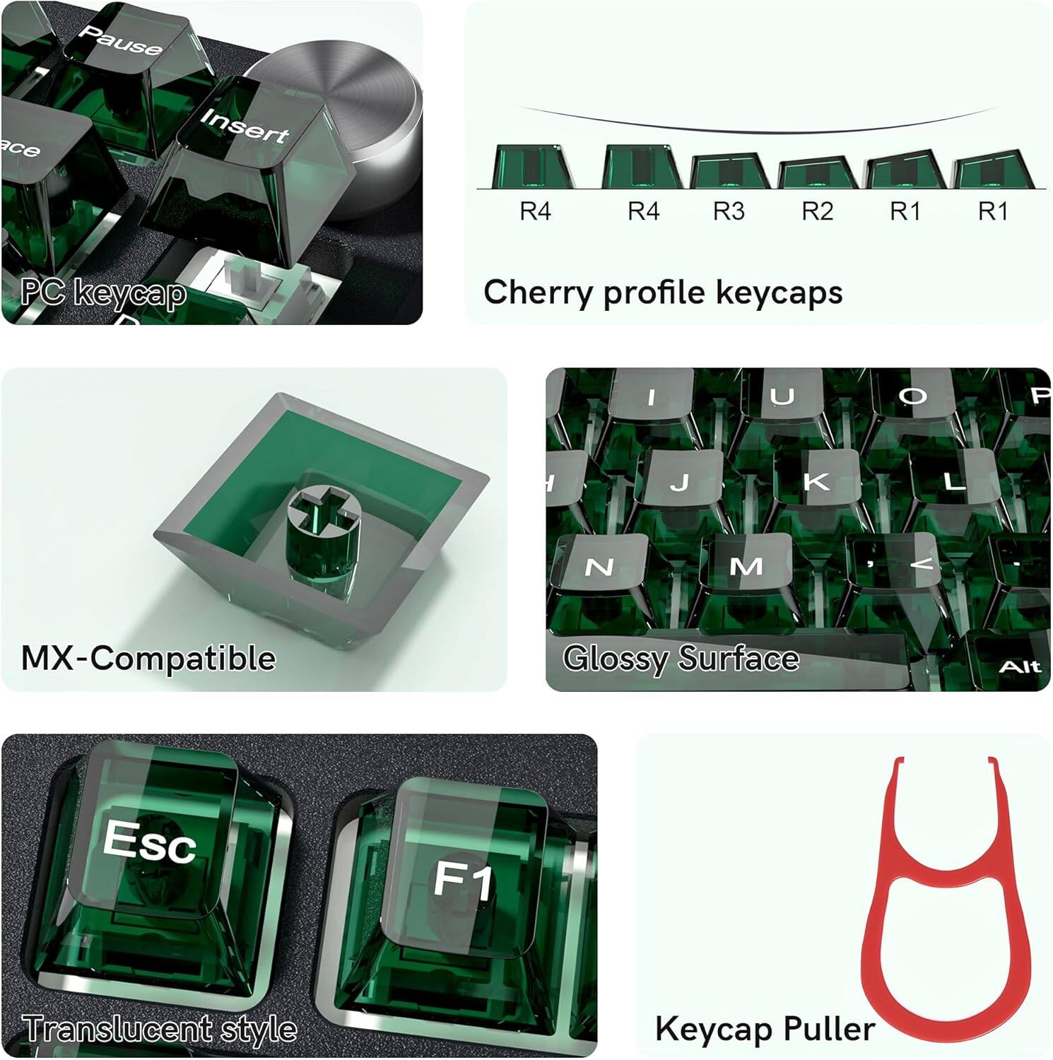 Pause ace Insert R4 R4 R3 R2 R1 R1 PC keycap Cherry profile keycaps I U O F H J K L N M V MX-Compatible Glossy Surface Alt Esc F1 Translucent style Keycap Puller