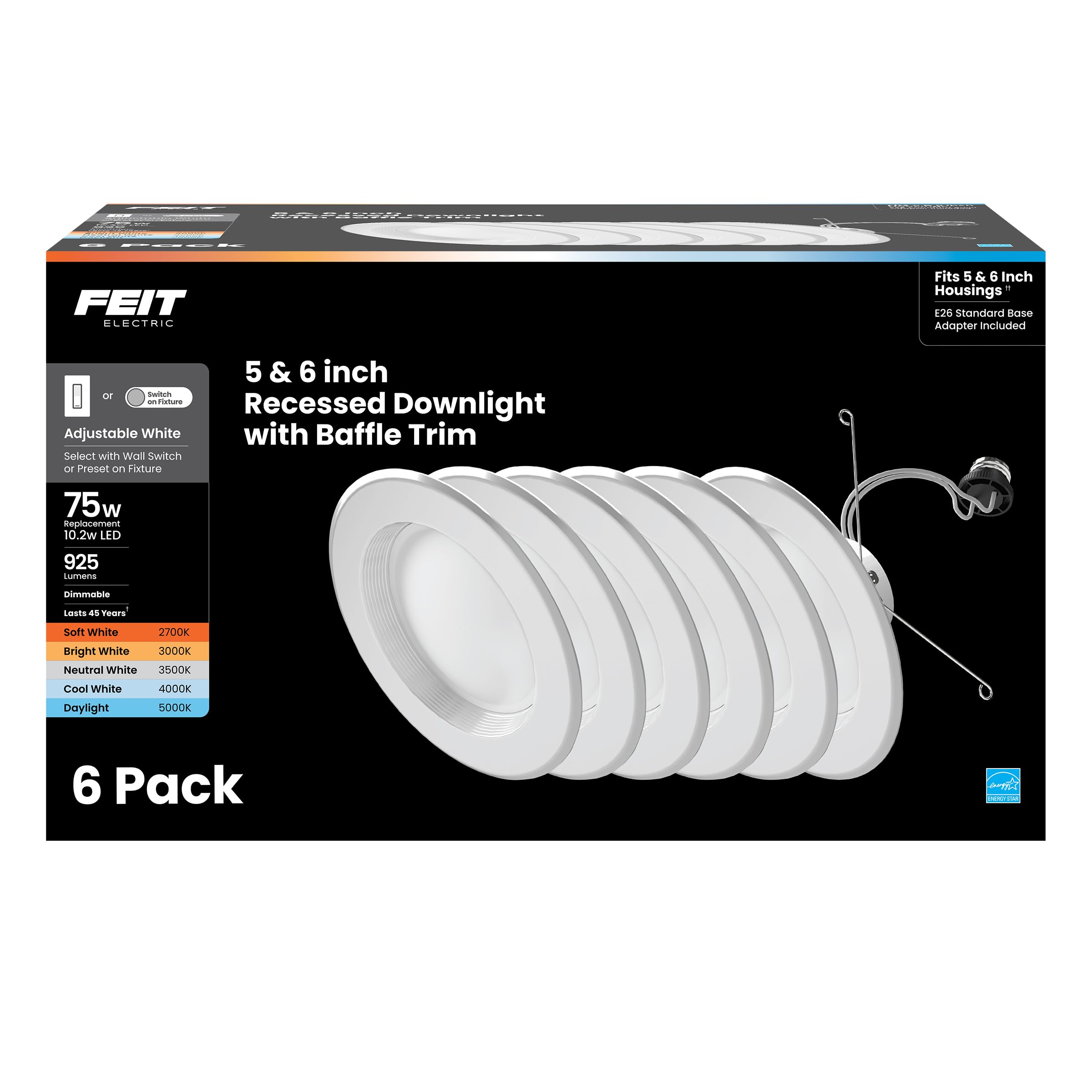 PACK  
FEIT ELECTRIC  
Fits 5 & 6 Inch Housings E26 Standard Base Adapter included  
5 & 6 inch Recessed Downlight with Baffle Trim  
75w Replacement 10.2w LED  
925 Lumens  
Dimmable  
Lasts 45 Years  
Soft White Bright White Neutral White Cool White Daylight  
2700K 3000K 3500K 4000K 5000K  
6 Pack  
Milco SUGAR
