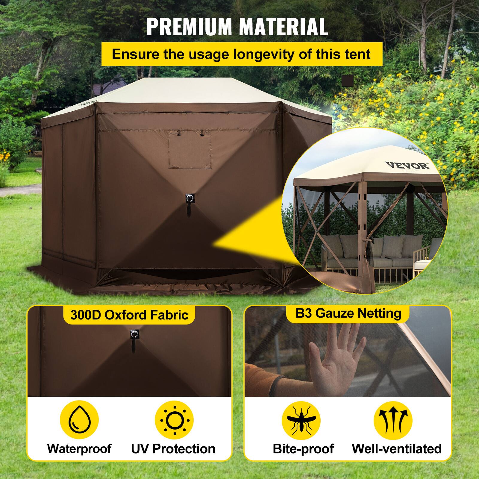 PREMIUM MATERIAL, Ensure the usage longevity of this tent, VEVOR, 300D Oxford Fabric, B3 Gauze Netting, Waterproof, UV Protection, Bite-proof, Well-ventilated