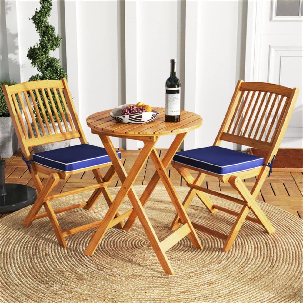 Alt View 4. Kadyn - Patio Furniture Sets,Outdoor & Patio Furniture Sets,3 Pcs Acacia Wood Patio Folding Bistro Set with Soft Cushions-Navy - Blue.