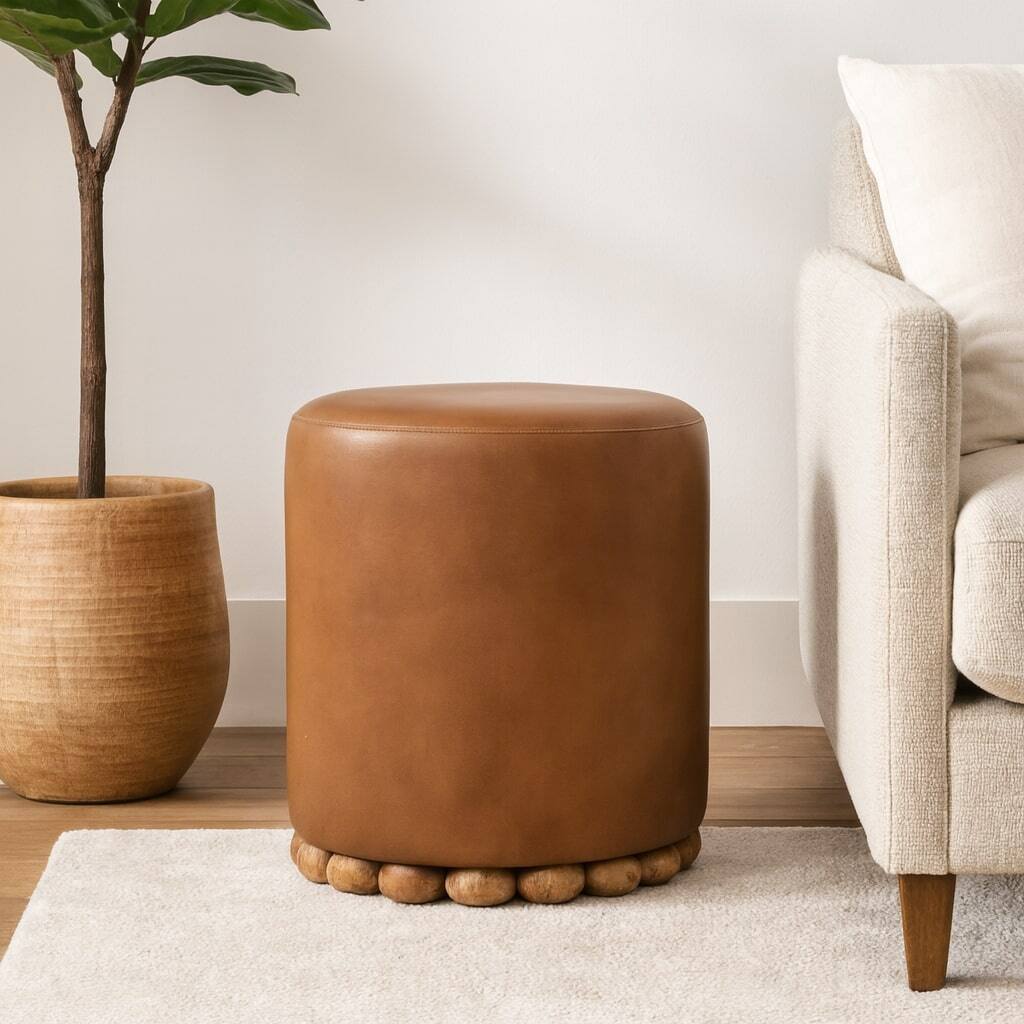 Alt View 2. Artisan Furniture - Artisan Furniture Solid Wood Bola Leather Stool - Beige.