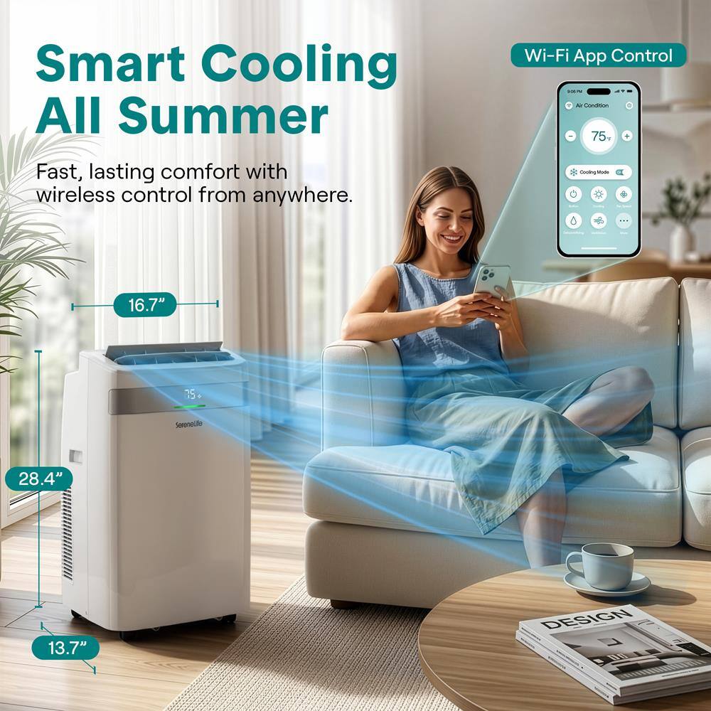 Smart Cooling All Summer  
Fast, lasting comfort with wireless control from anywhere.  
Wi-Fi App Control  
S7 - B Condition - 75°  
Cooing Mo 16.7" 28.4" 13.7"  
DESIGN