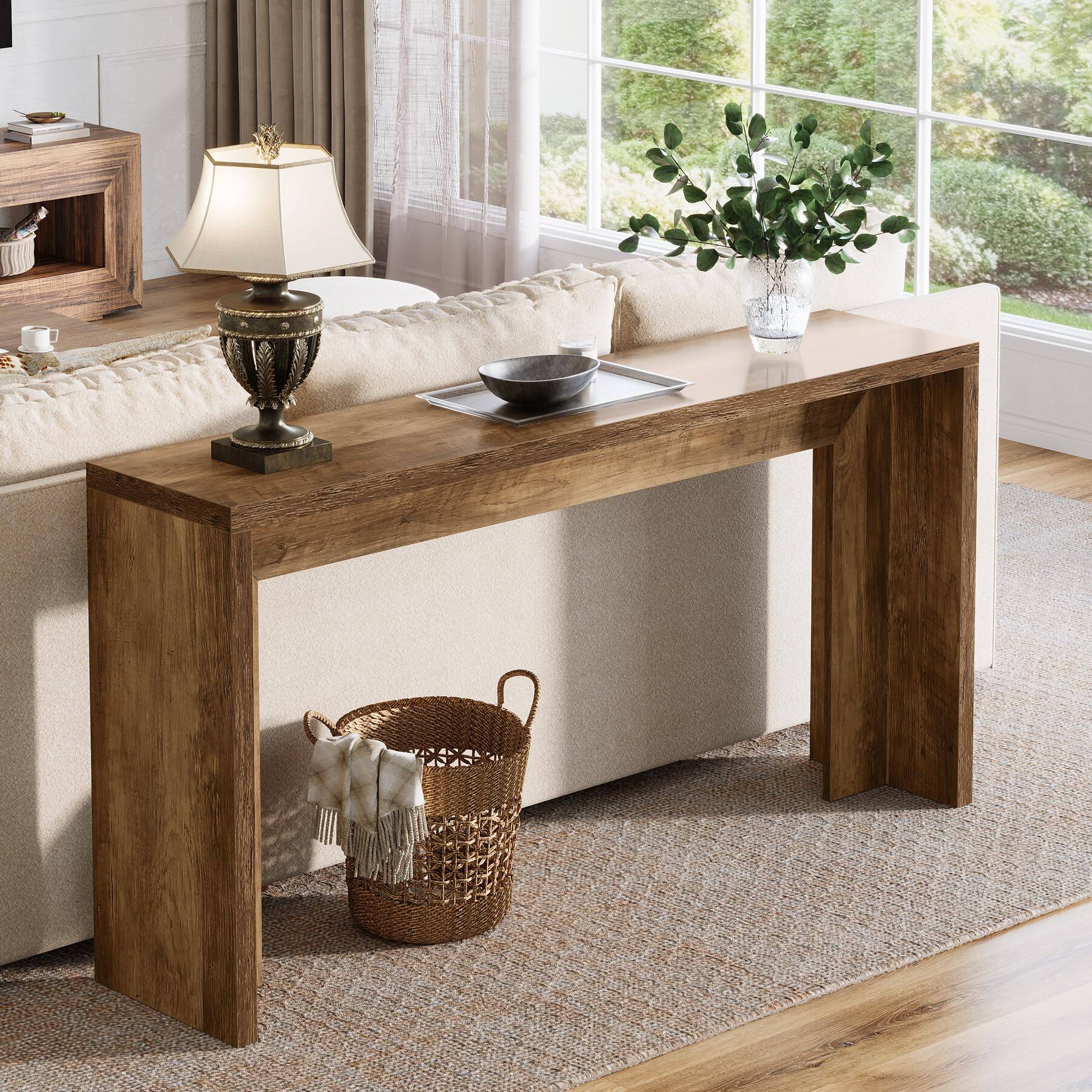 Left. Tribesigns - 55-Inch Farmhouse Console Table, Wooden Couch Table Behind Sofa with Storage, Narrow Long Entryway Hallway Table for Liv - Brown.