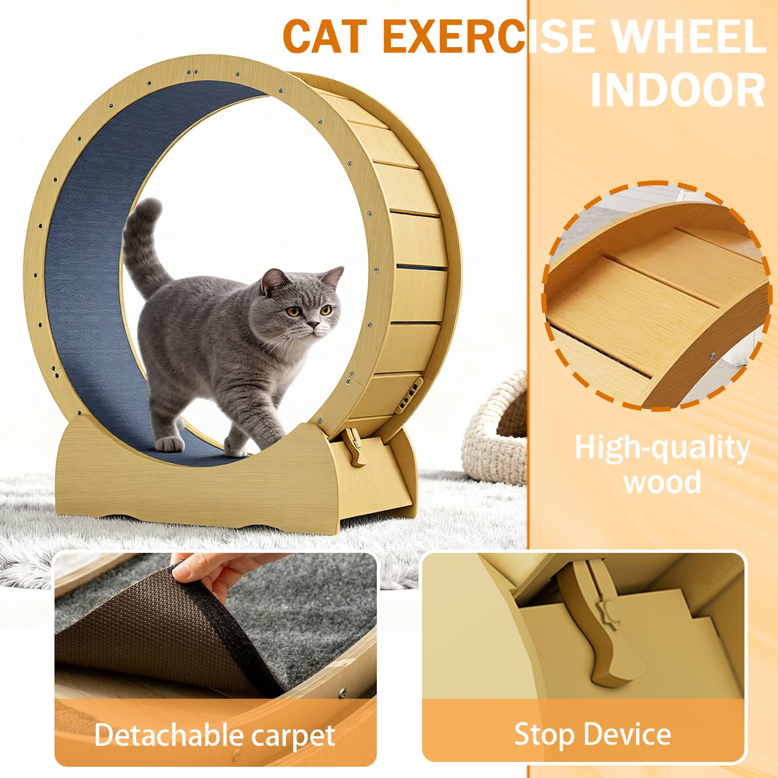CAT EXERCISE WHEEL INDOOR

- High-quality wood
- Detachable carpet
- Stop Device