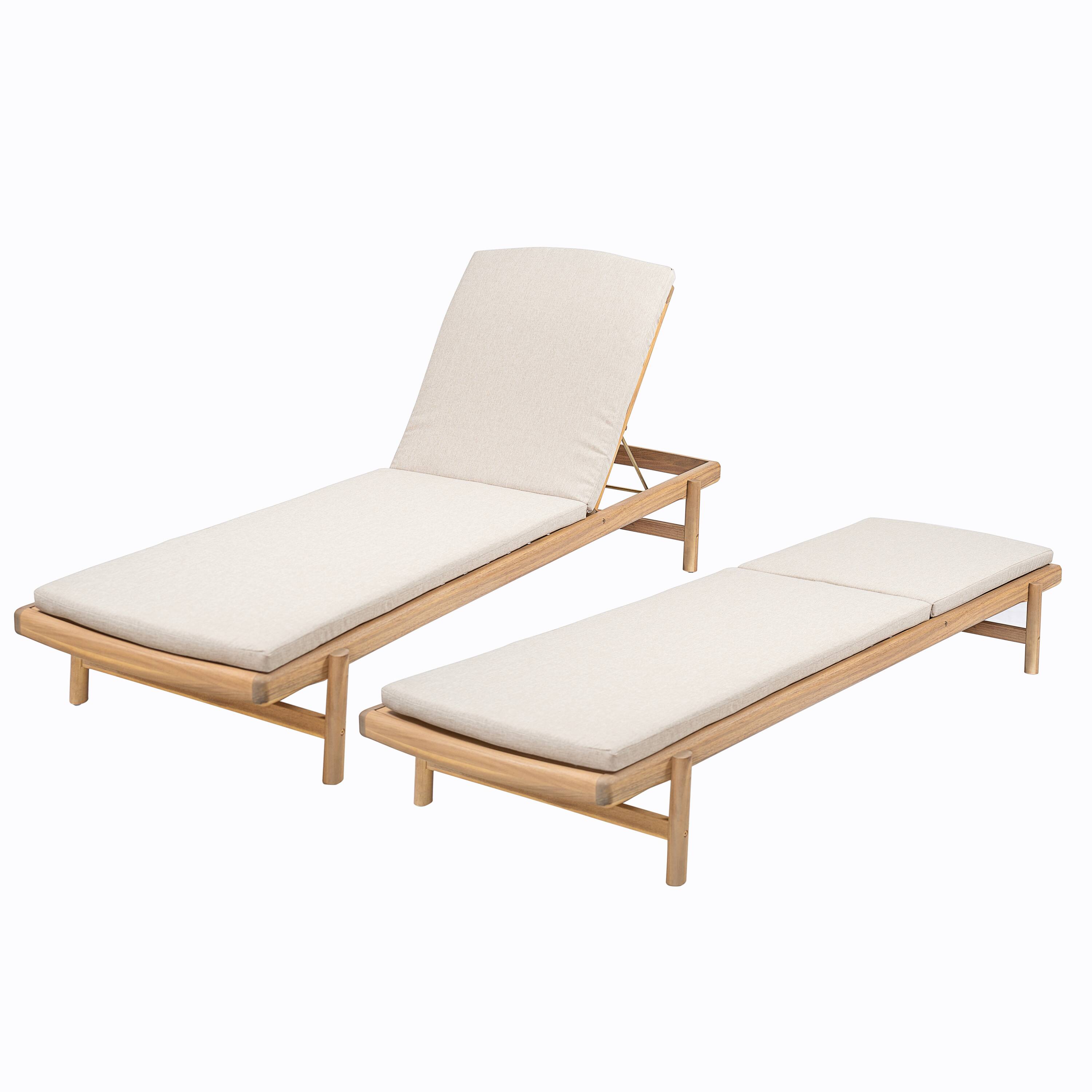 Left. Mondawe - Set of 2 Acacia Wood Chaise Lounge With Cushion - Teak+ Beige.