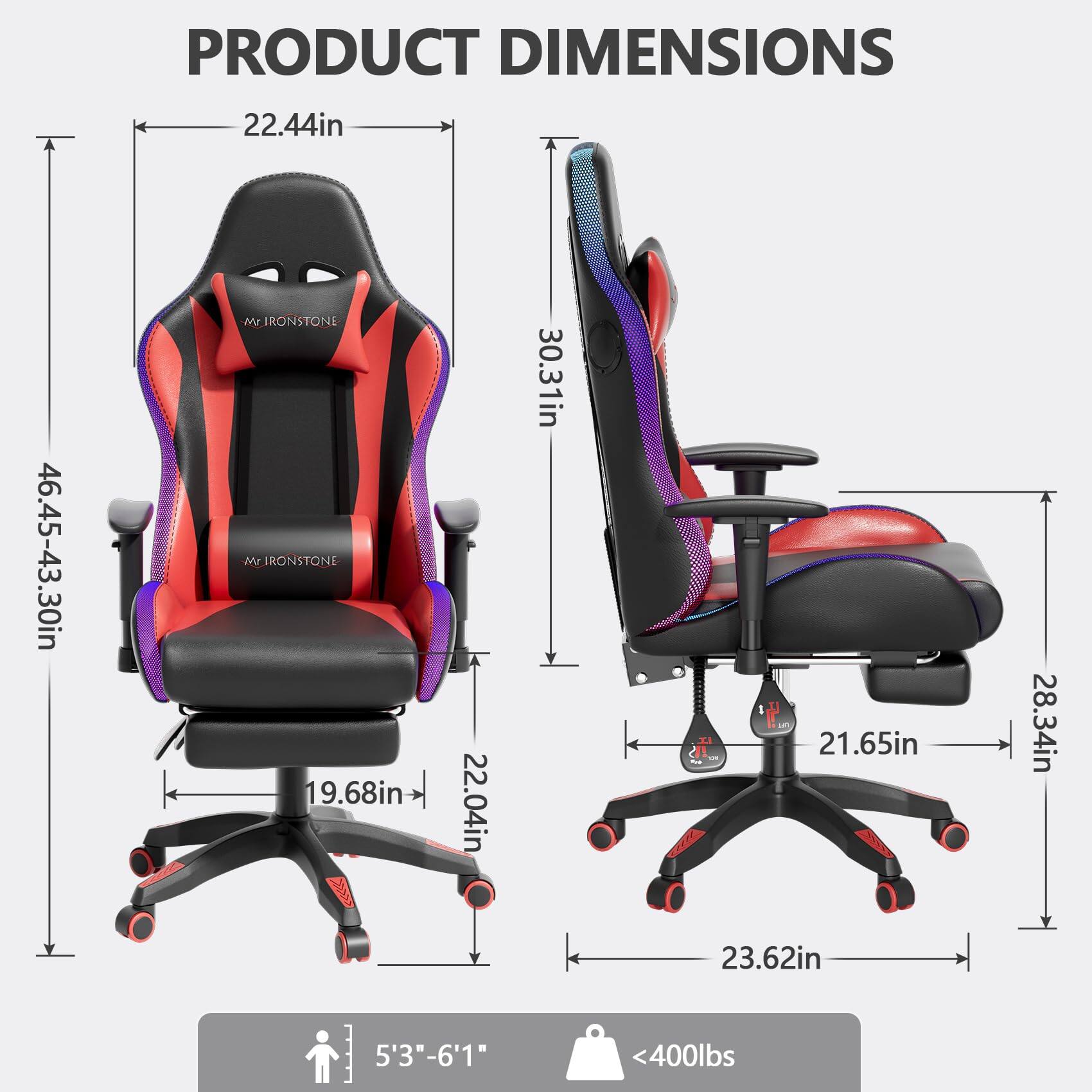 PRODUCT DIMENSIONS

- Width: 22.44in
- Height: 46.45-43.30in
- Seat Height: 19.68in
- Seat Width: 22.04in
- Back Height: 30.31in
- Armrest Height: 21.65in
- Base Width: 28.34in
- Base Diameter: 23.62in

SUITABLE FOR:
- Height: 5'3" - 6'1"
- Weight: <400lbs