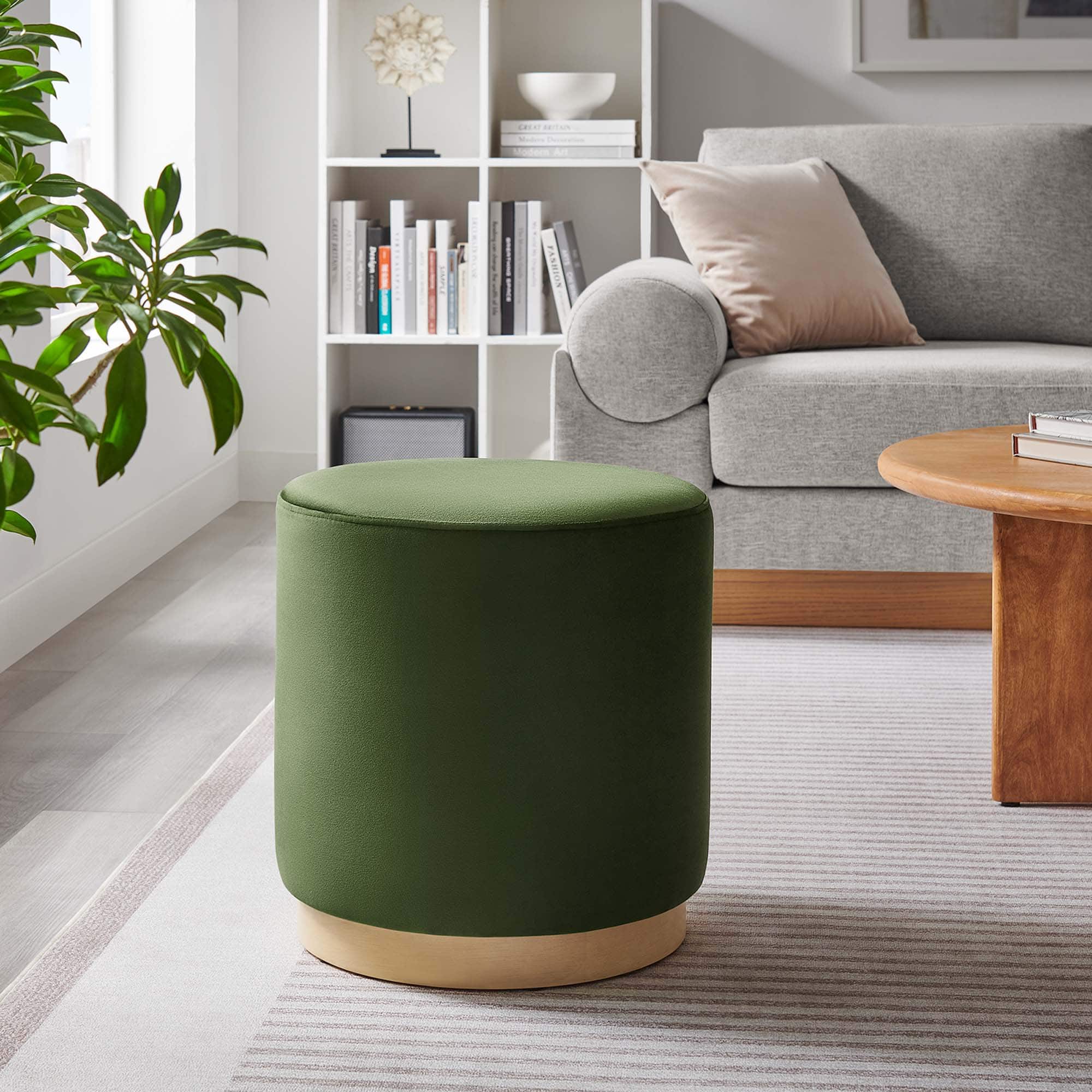Tilden 16" Round Performance Velvet Upholstered Ottoman by Modway - Moss Green Natural