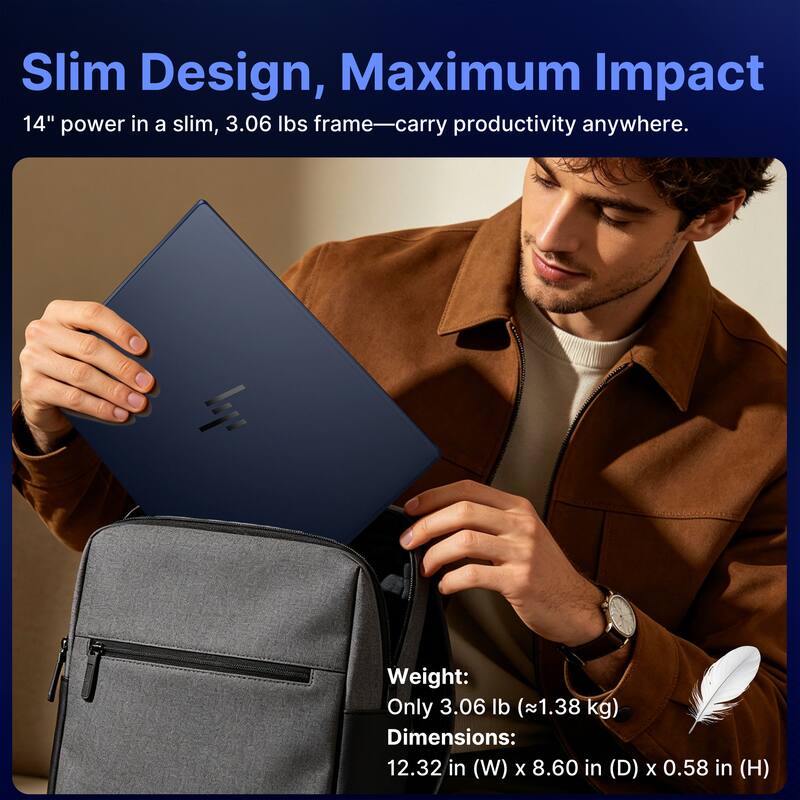 Slim Design, Maximum Impact  
14" power in a slim, 3.06 lbs frame—carry productivity anywhere.  

Weight: Only 3.06 lb (1.38 kg)  
Dimensions: 12.32 in (W) x 8.60 in (D) x 0.58 in (H)